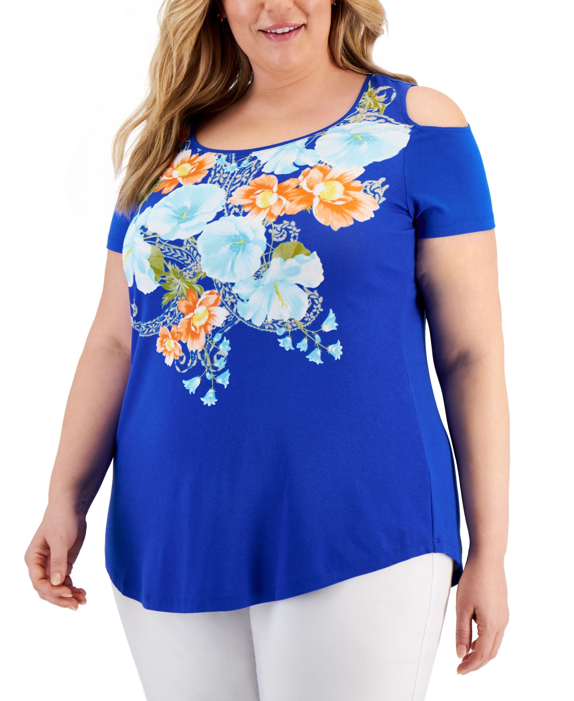 JM Collection Plus Size Floral Cold Shoulder Premium Top
