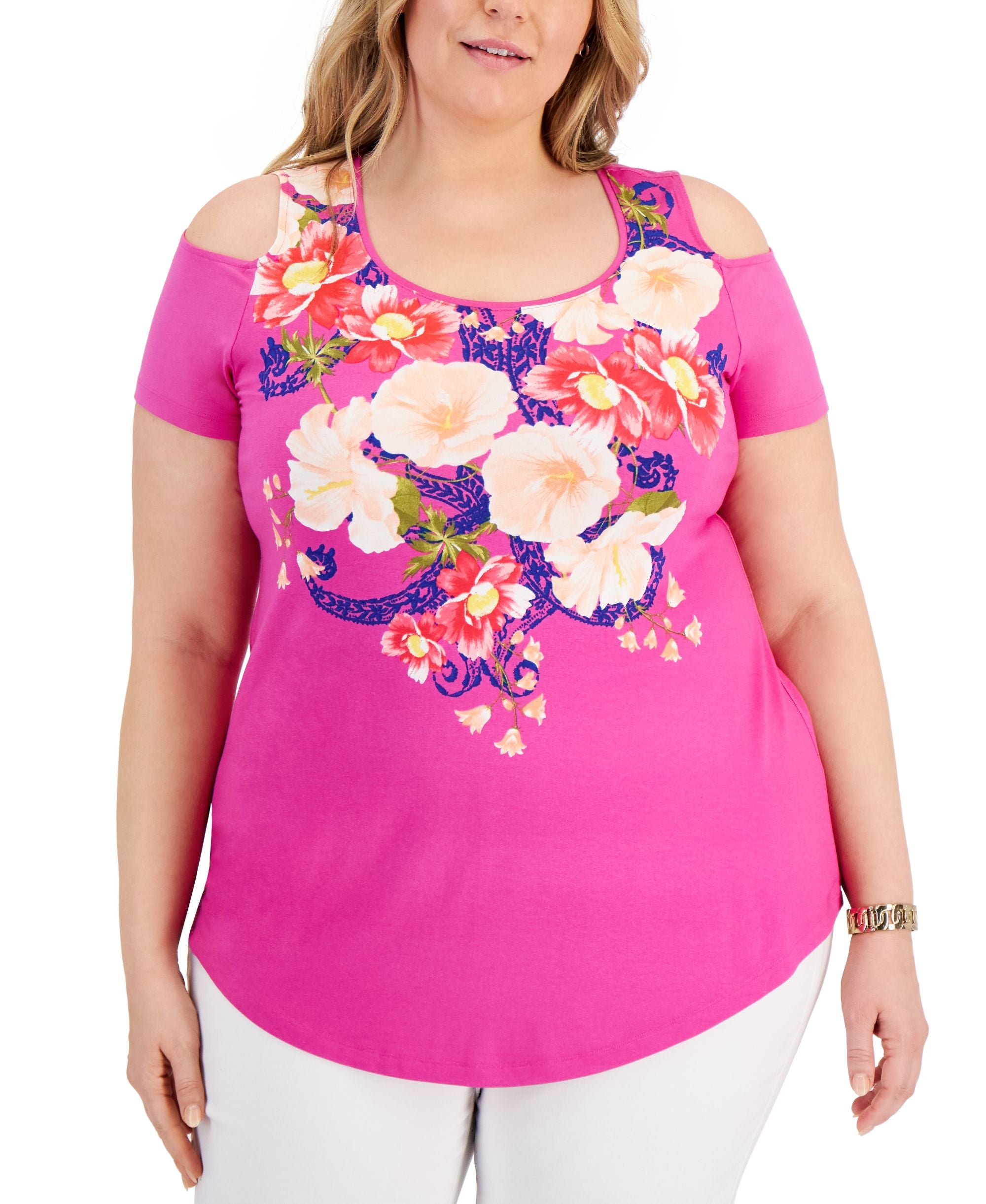 JM Collection Plus Size Floral Cold Shoulder Premium Top