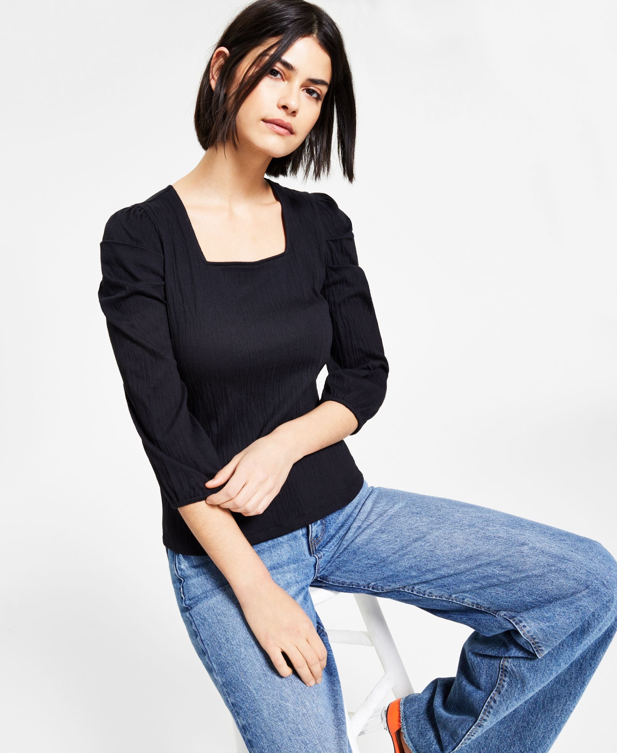 Bar III Square Neck Puff Shoulder Premium Top