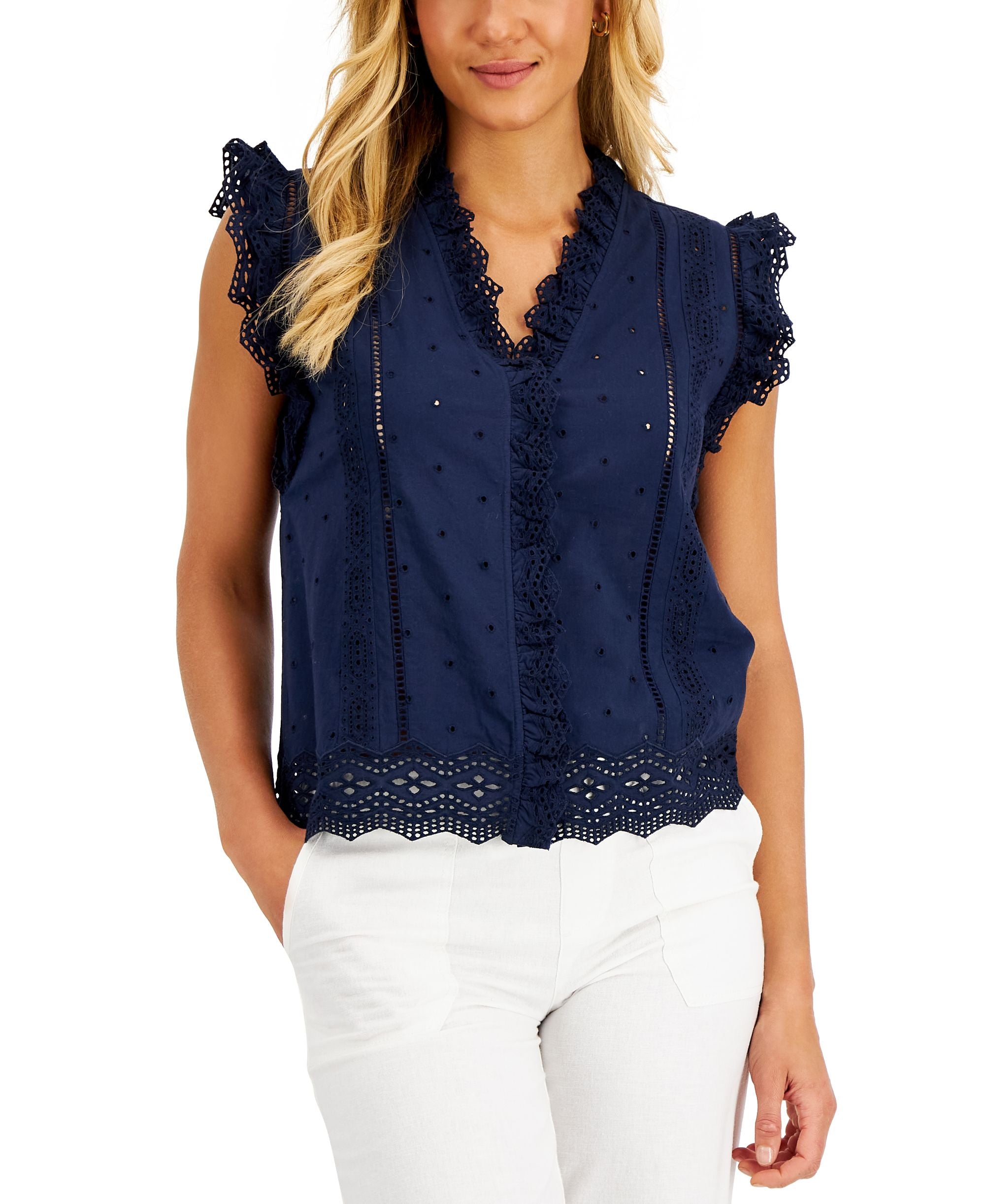 Charter Club Cotton Ruffled Eyelet Premium Top