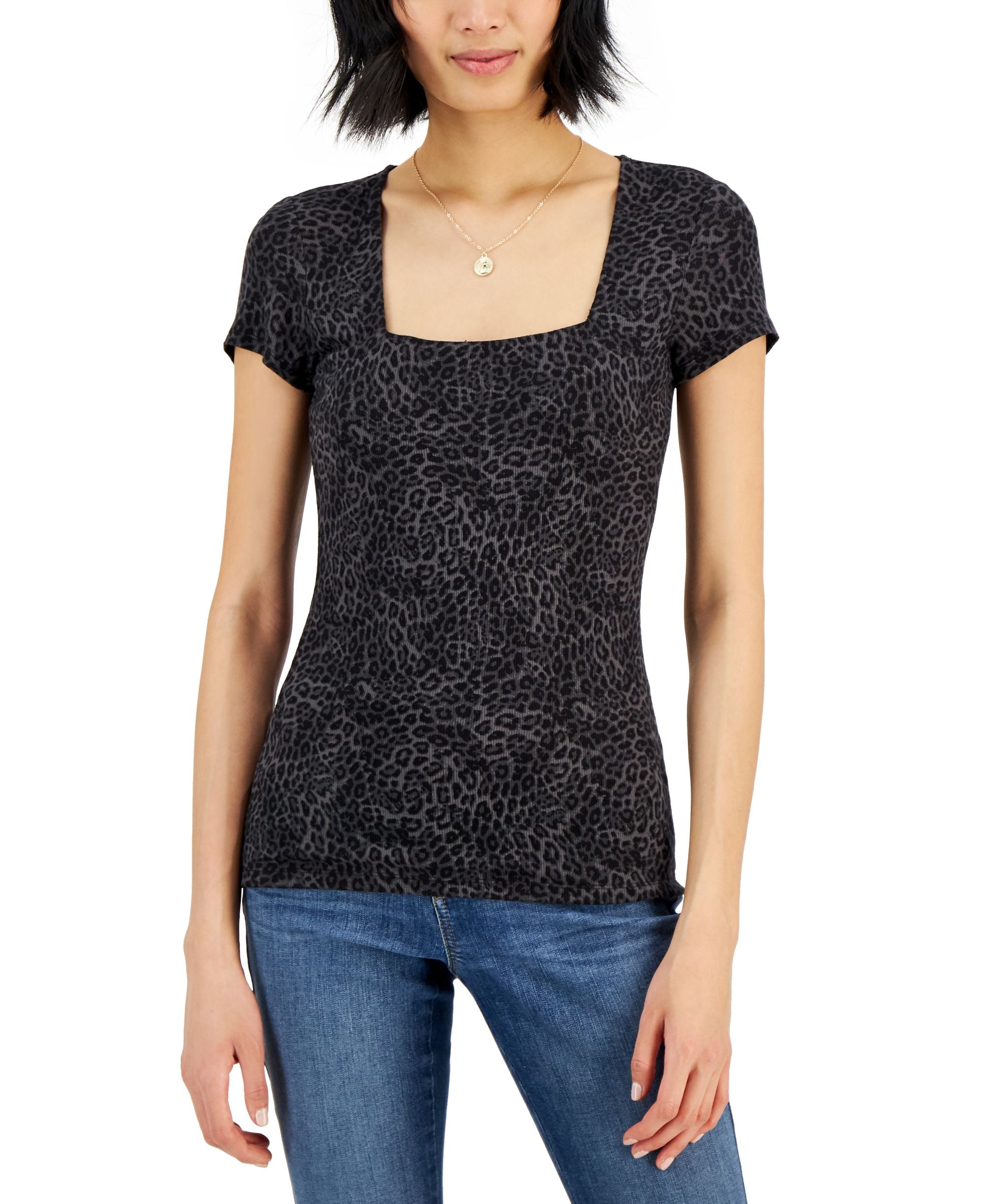 INC International Concepts Womens Leopard Print Ribbed Square Neck T-Modern Shirt