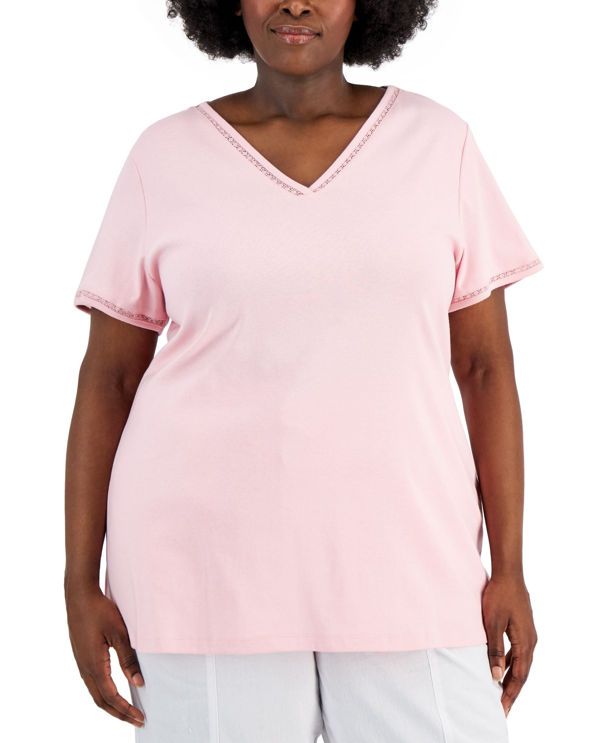 Karen Scott Plus Size Cotton Crochet Trimmed Premium Top