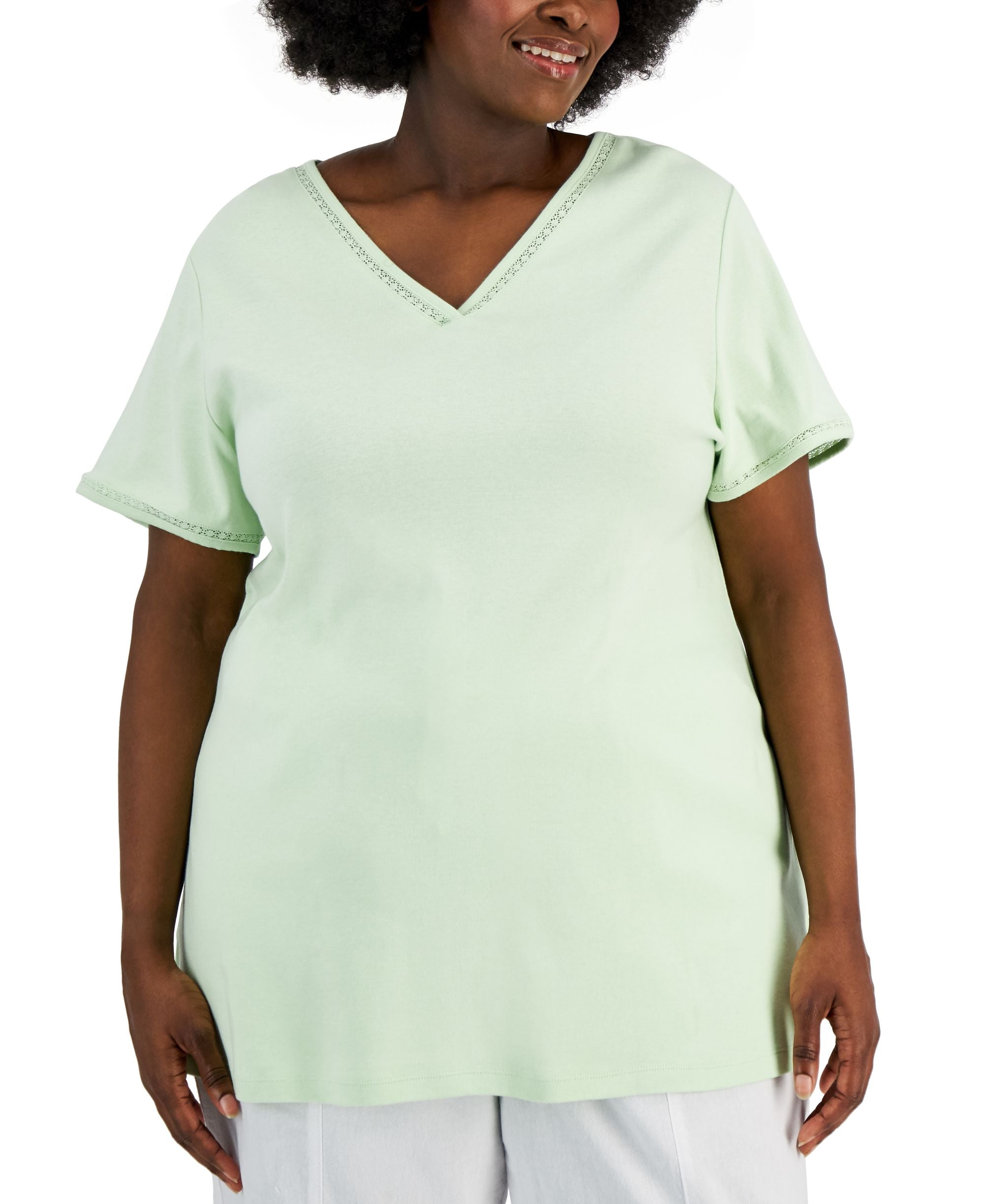 Karen Scott Plus Size Cotton Crochet Trimmed Premium Top