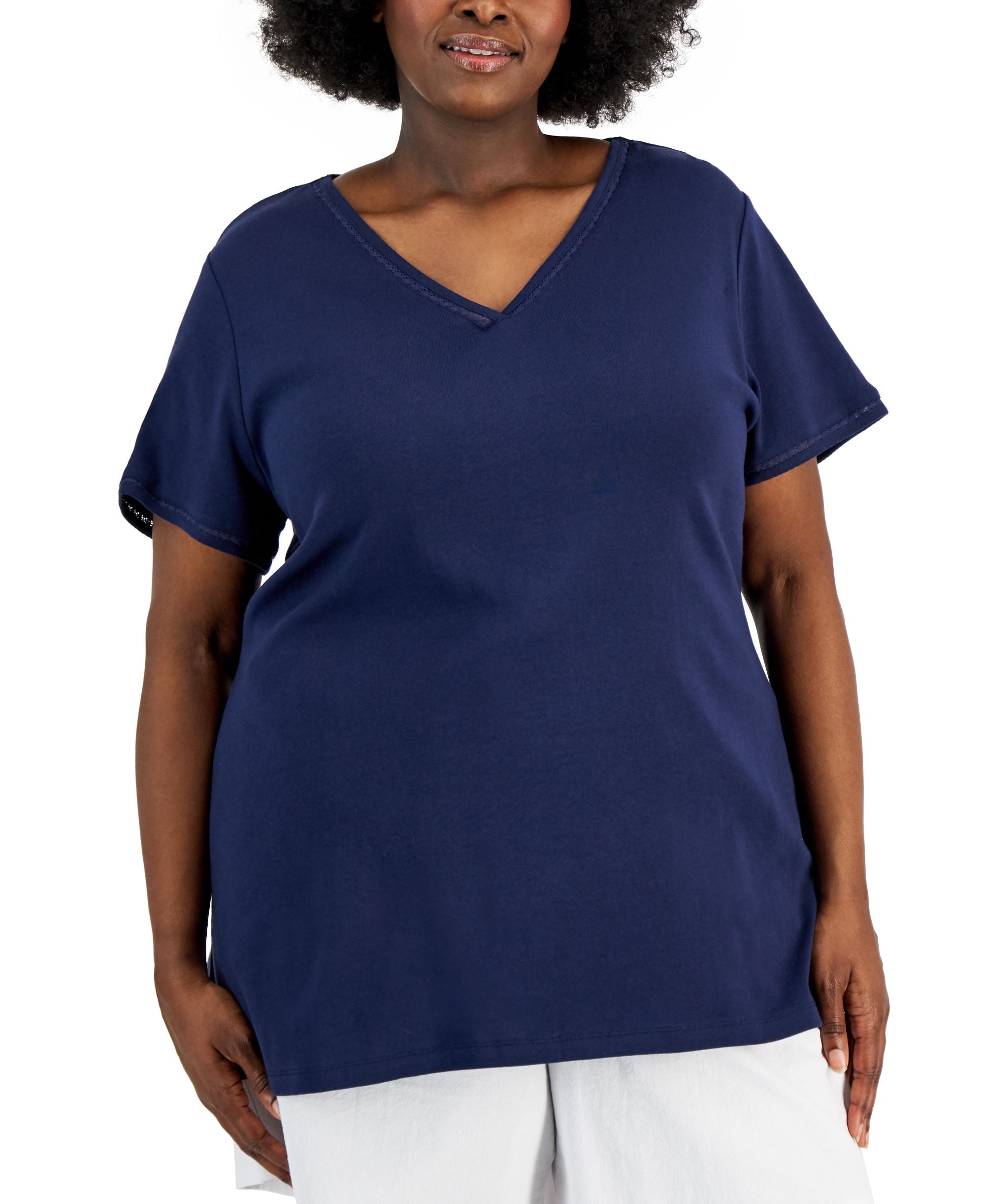 Karen Scott Plus Size Cotton Crochet Trimmed Premium Top