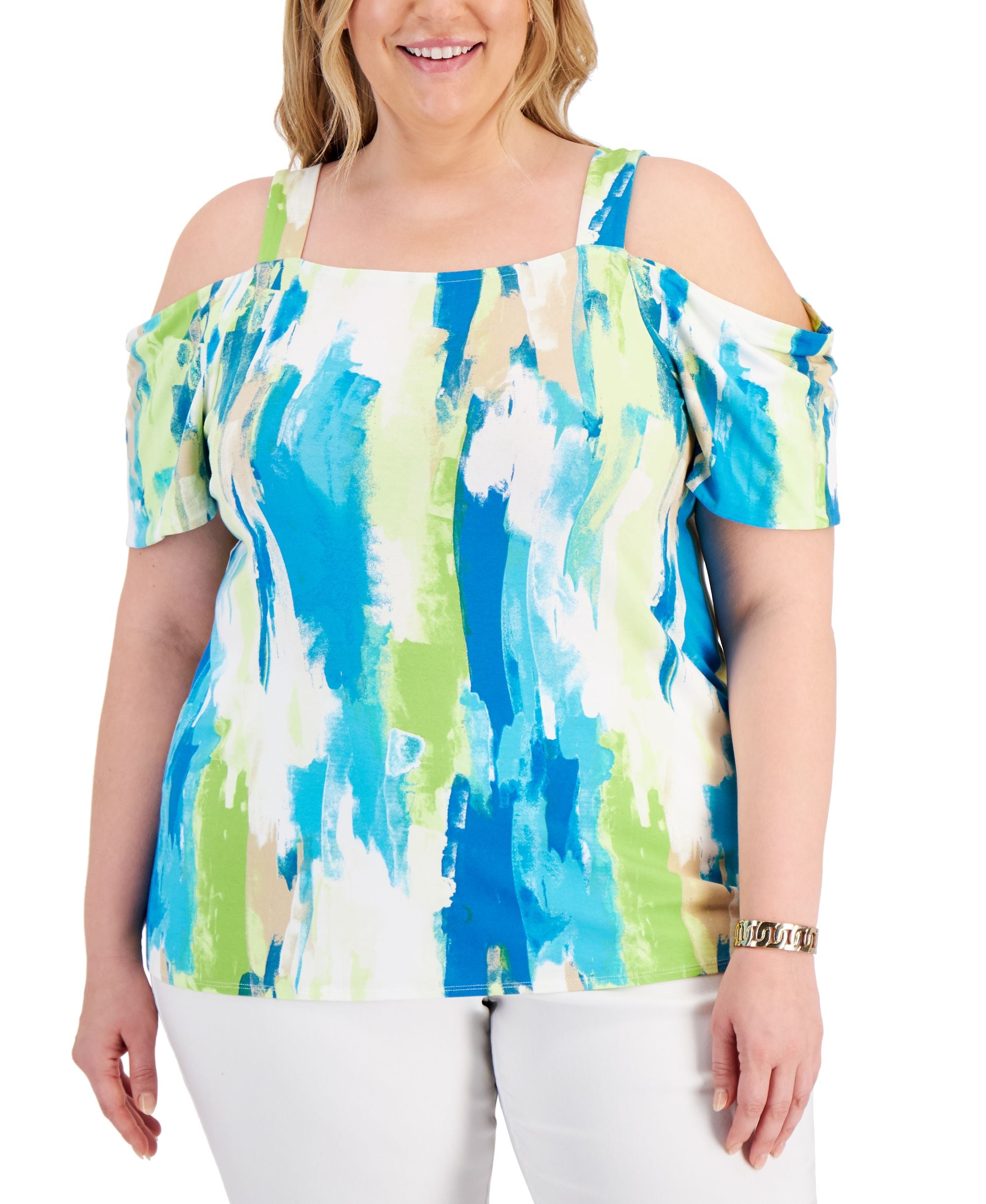 JM Collection Plus Size Printed Cold Shoulder Premium Top