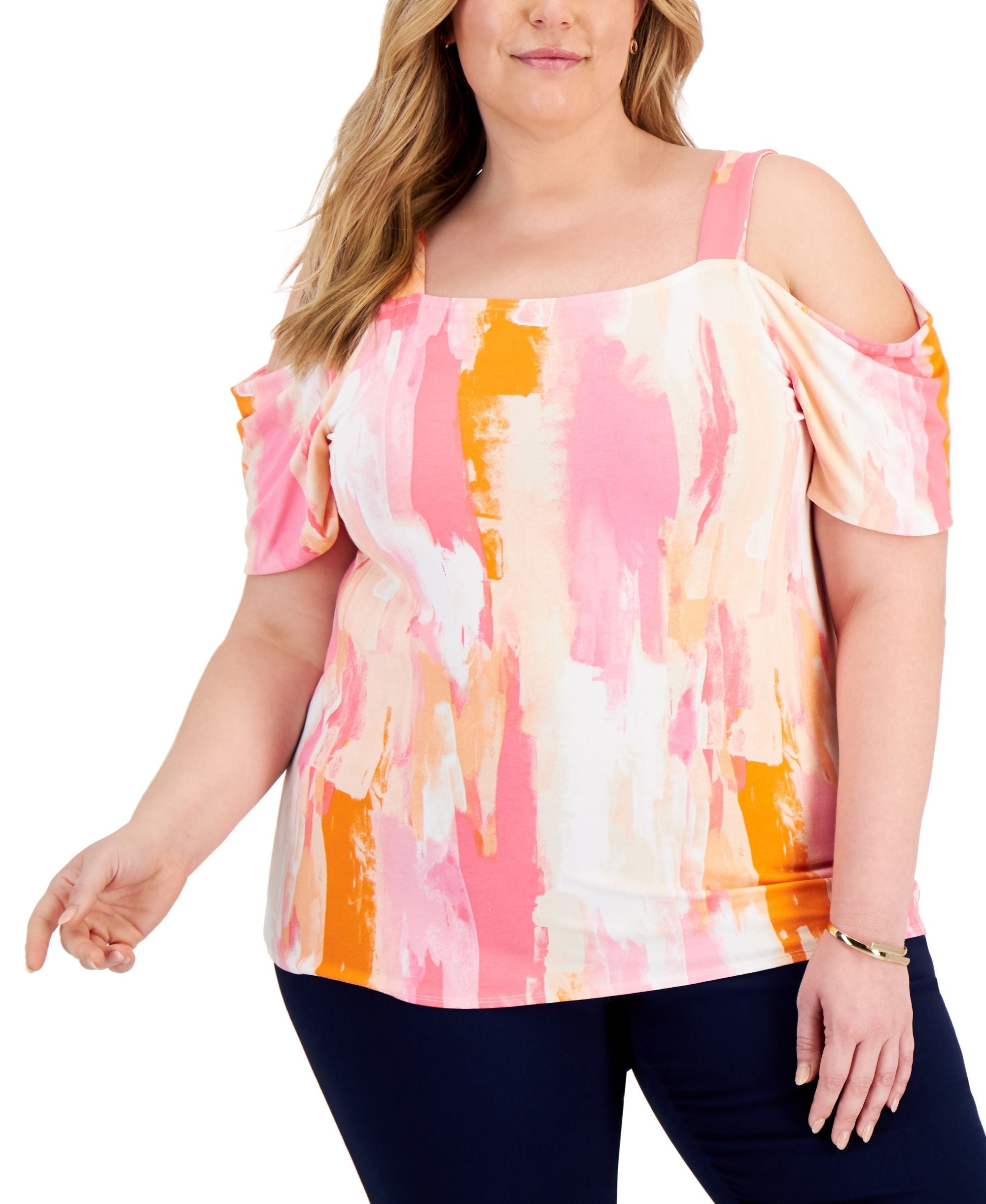 JM Collection Plus Size Printed Cold Shoulder Premium Top