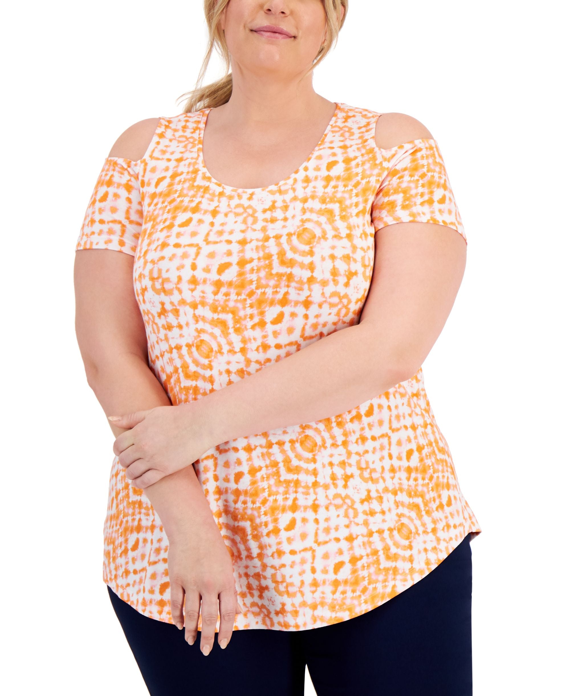 JM Collection Plus Size Printed Cold-Shoulder Premium Top