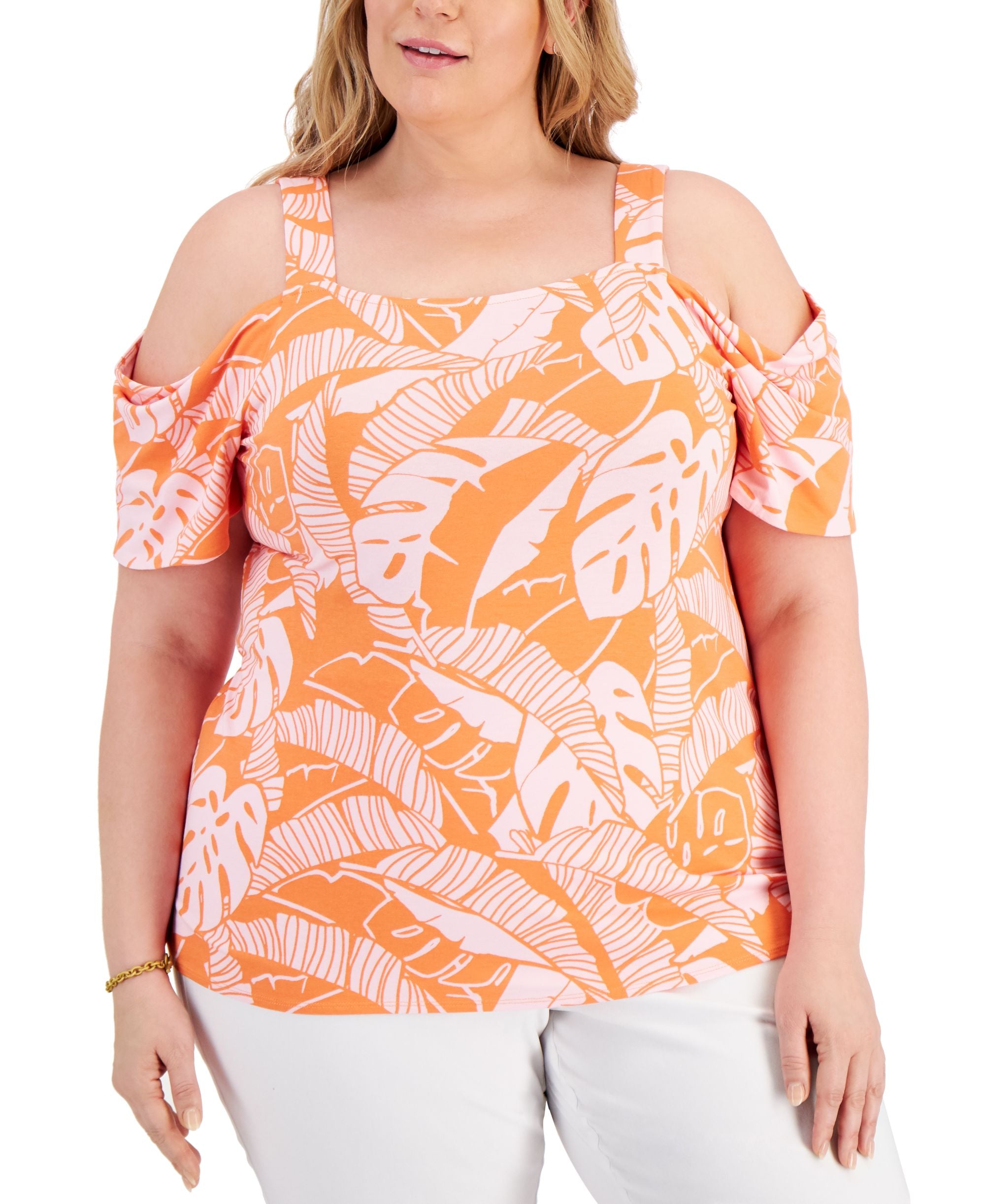JM Collection Plus Size Printed Cold Shoulder Premium Top