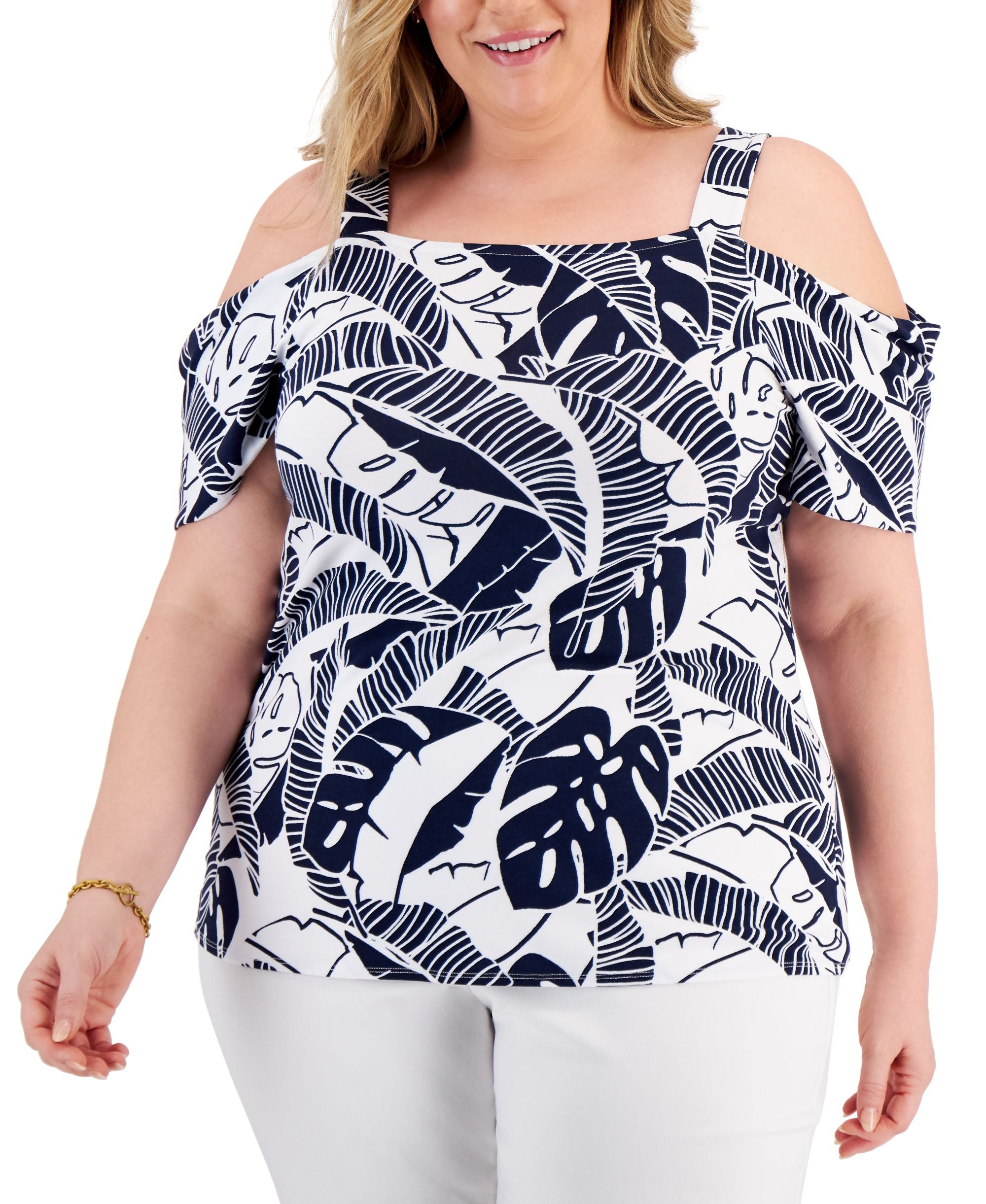 JM Collection Plus Size Printed Cold Shoulder Premium Top