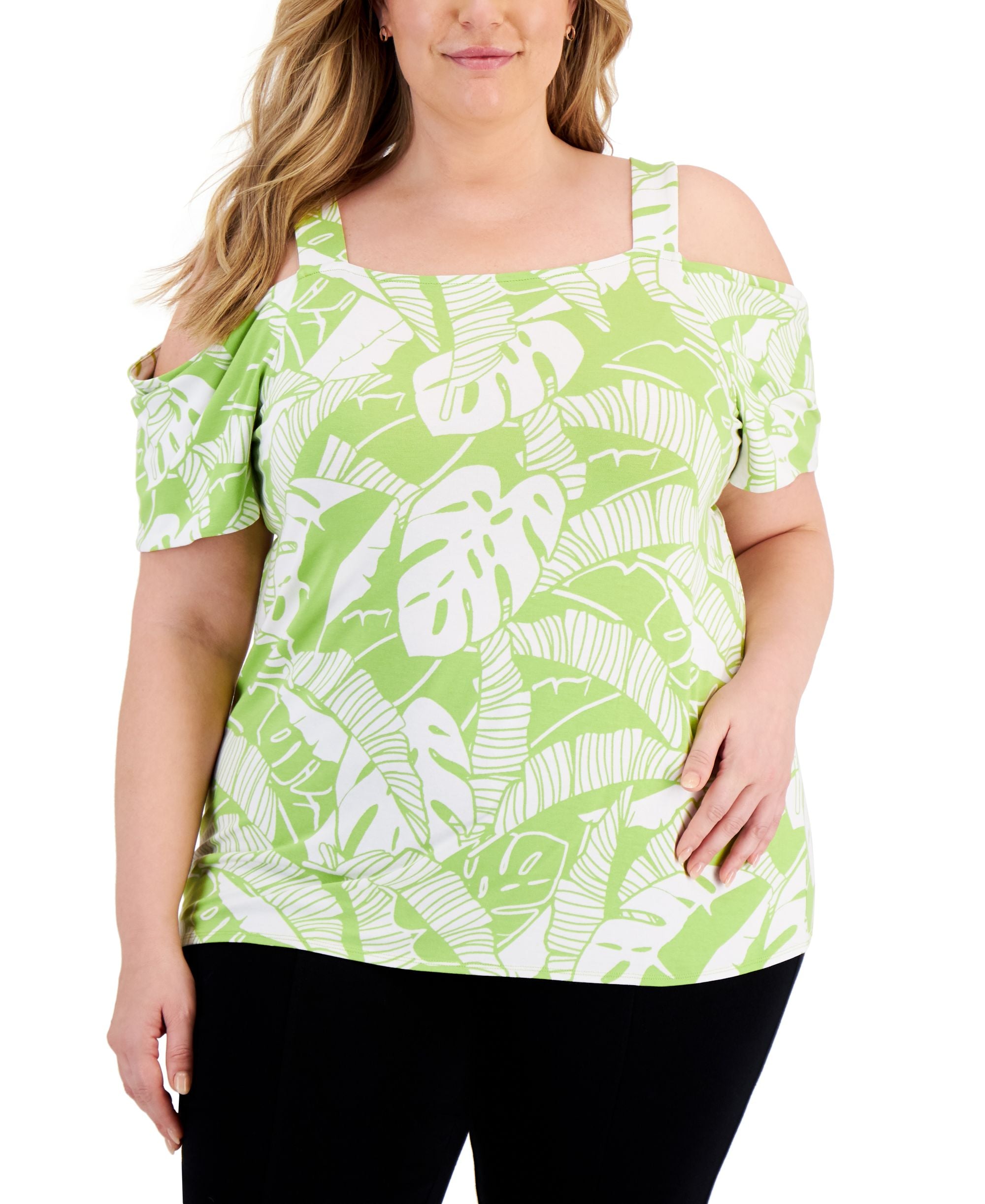 JM Collection Plus Size Printed Cold Shoulder Premium Top