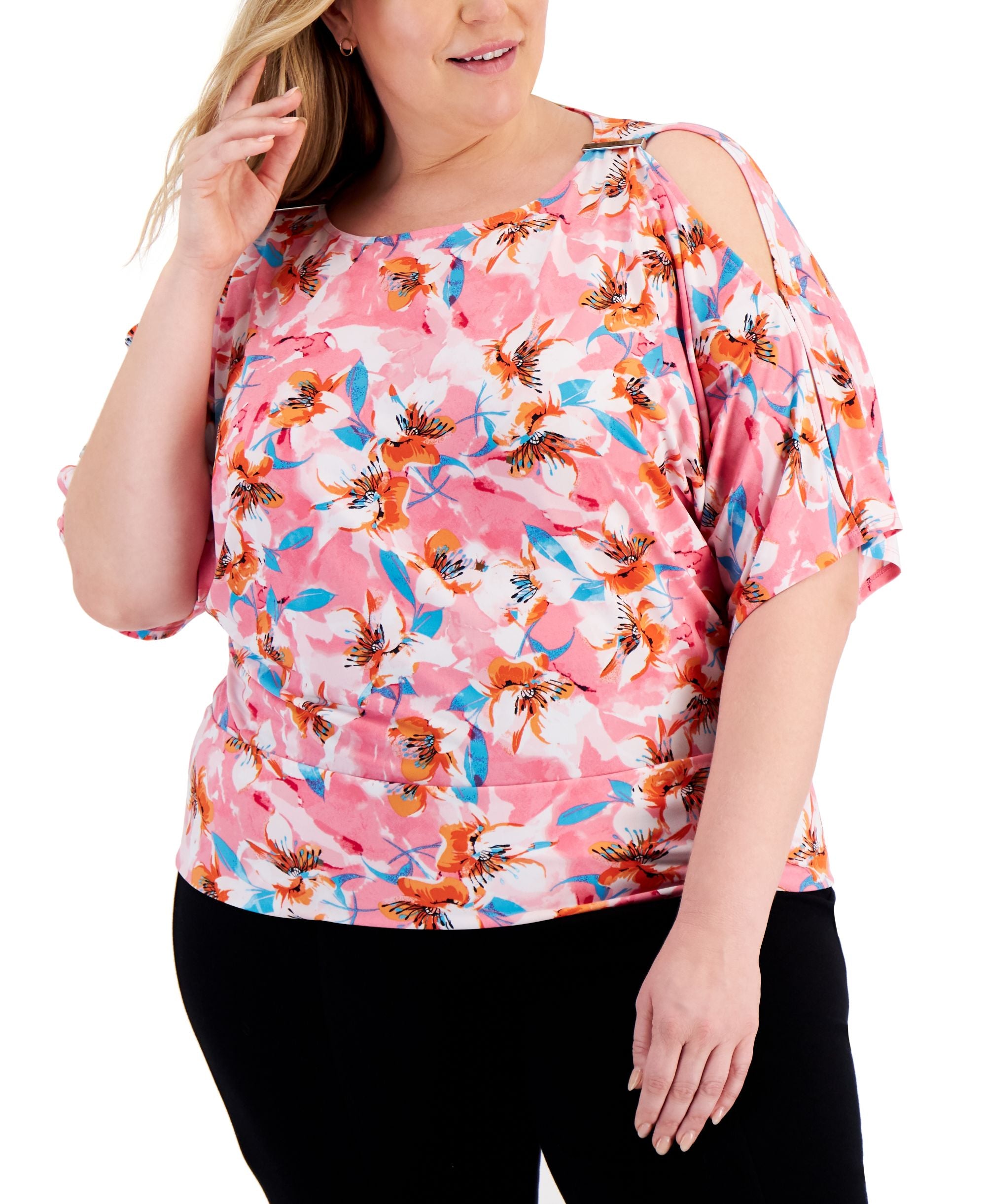 JM Collection Plus Size Printed Cold Shoulder Premium Top