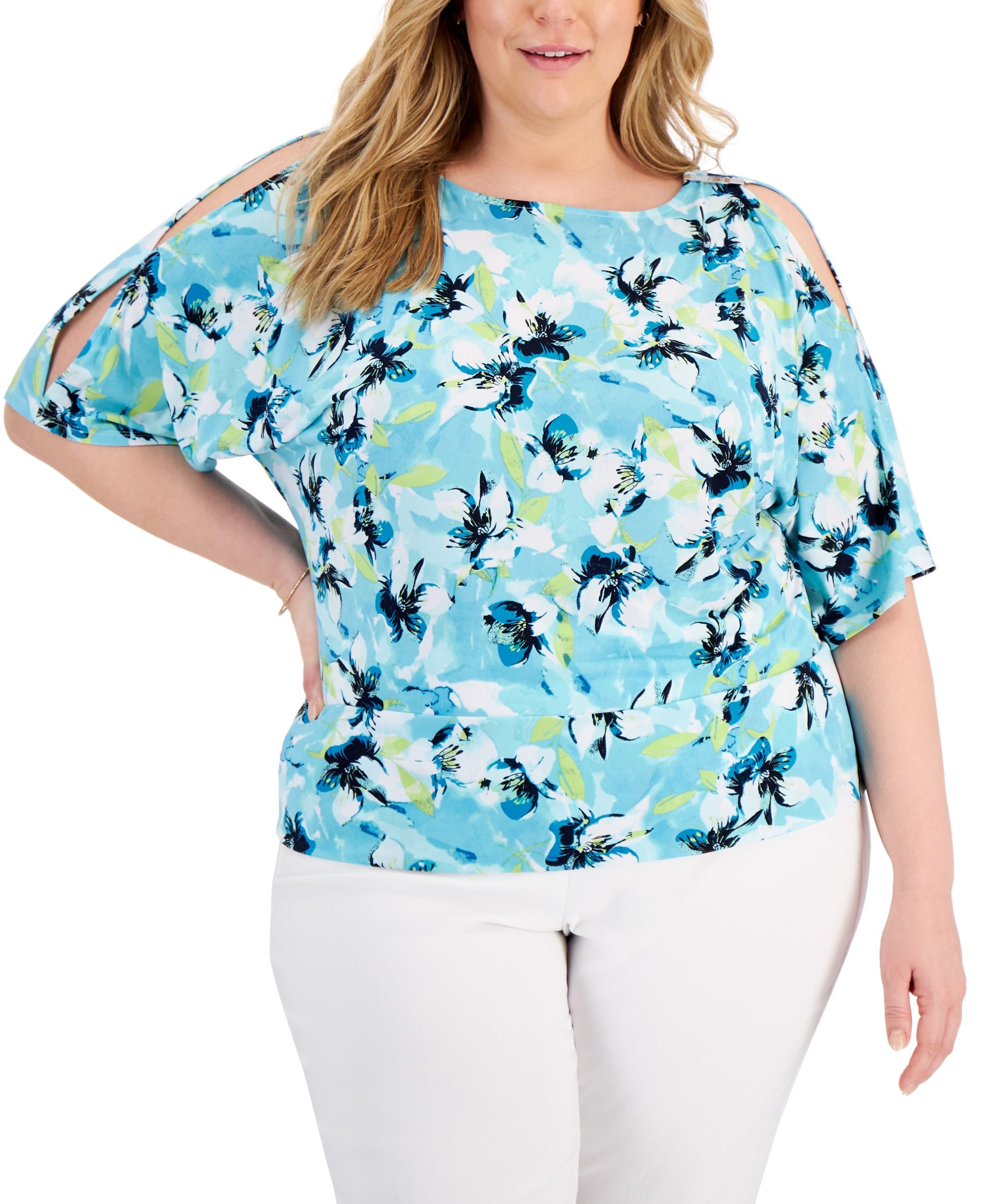 JM Collection Plus Size Printed Cold Shoulder Premium Top