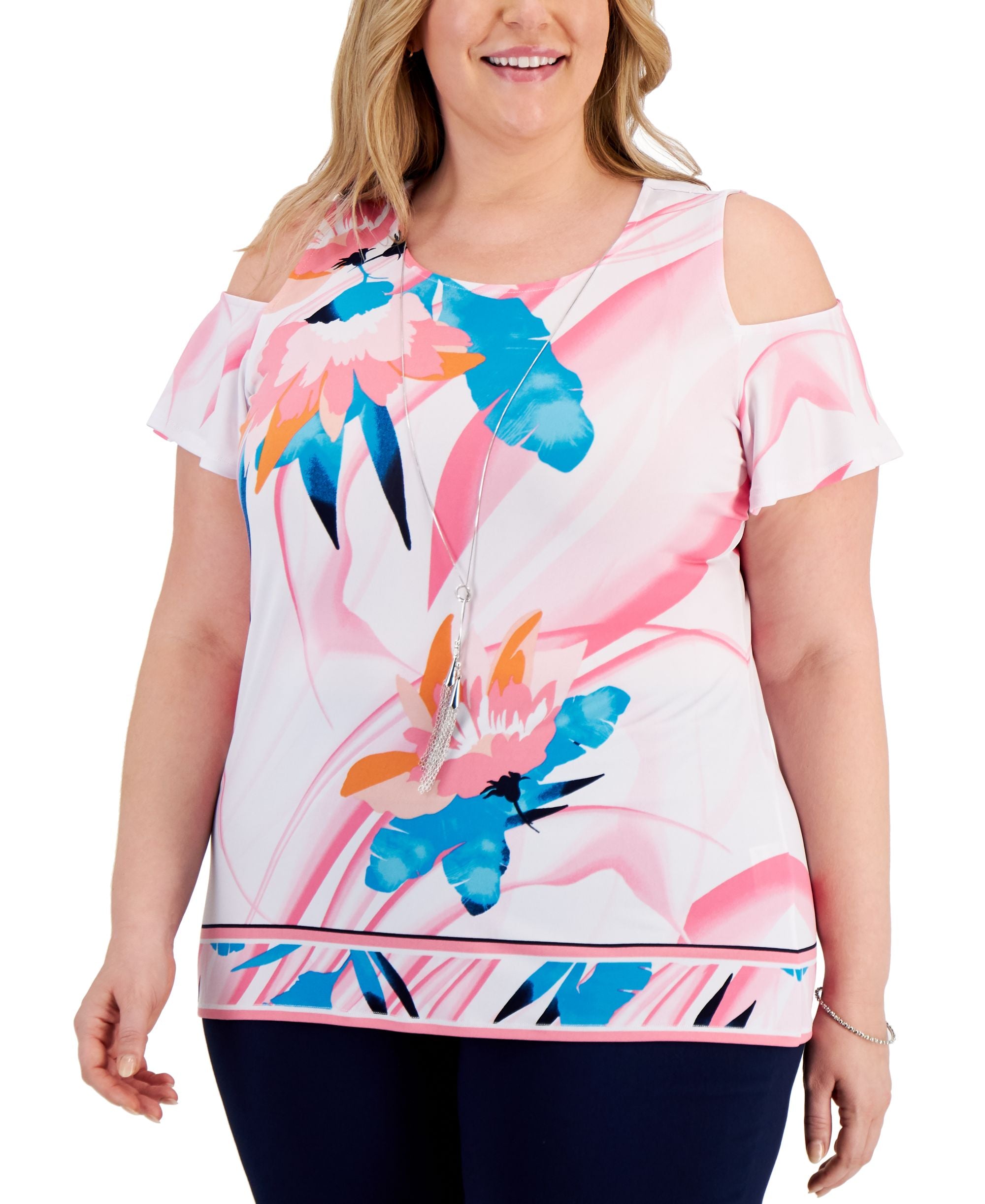 JM Collection Plus Size Floral Cold-Shoulder Premium Top