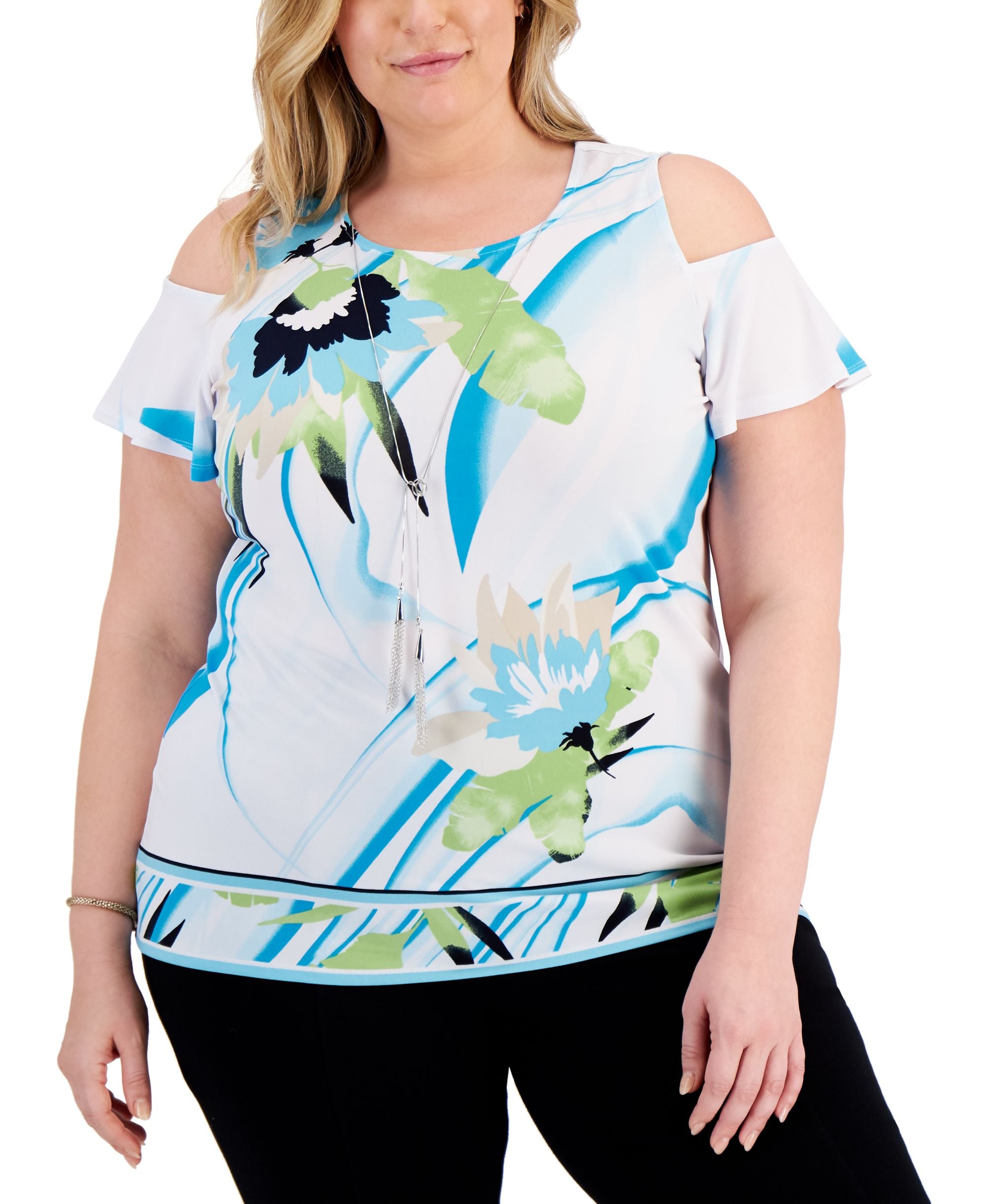 JM Collection Plus Size Floral Cold-Shoulder Premium Top
