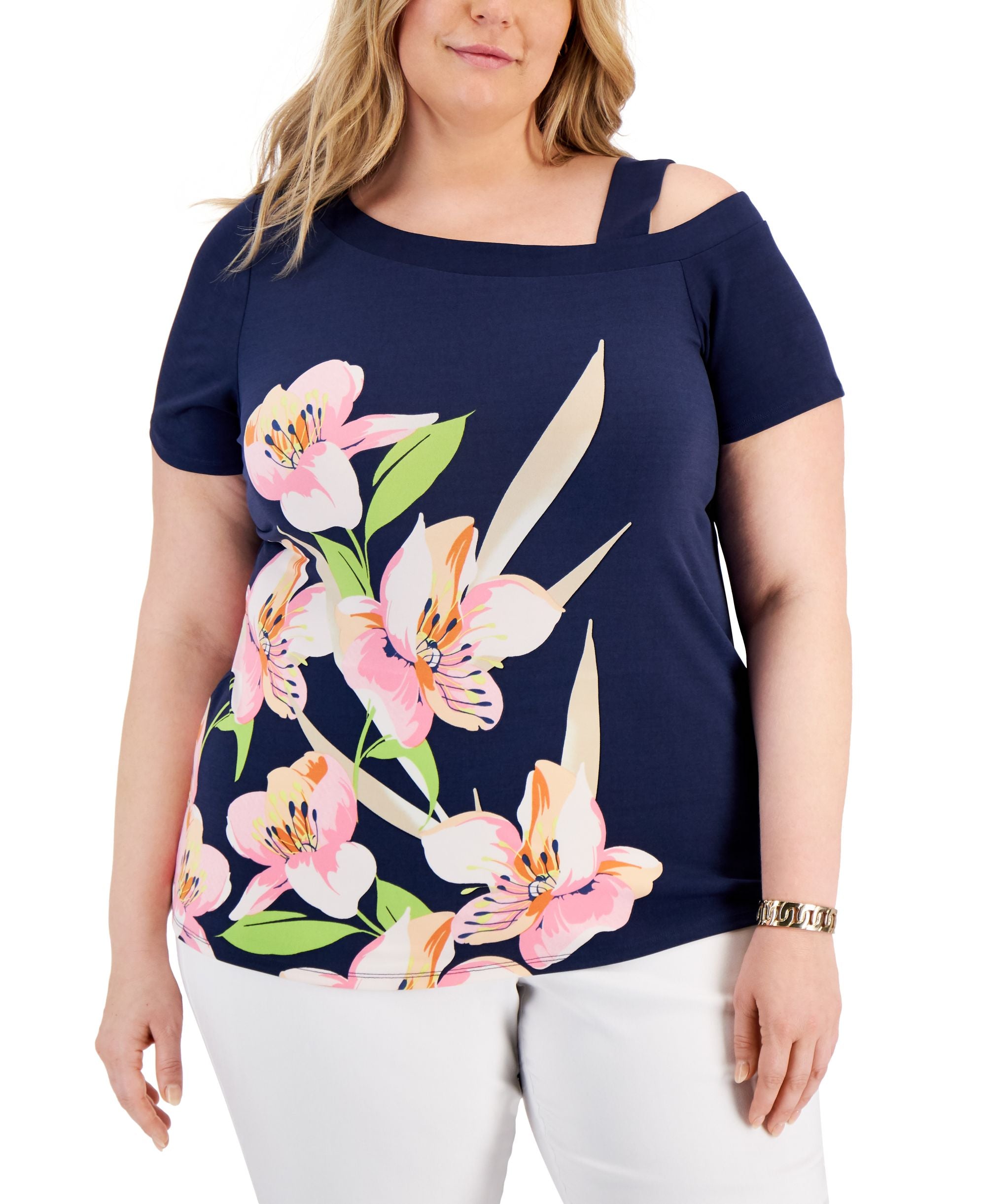 JM Collection Plus Size Floral Cold-Shoulder Premium Top
