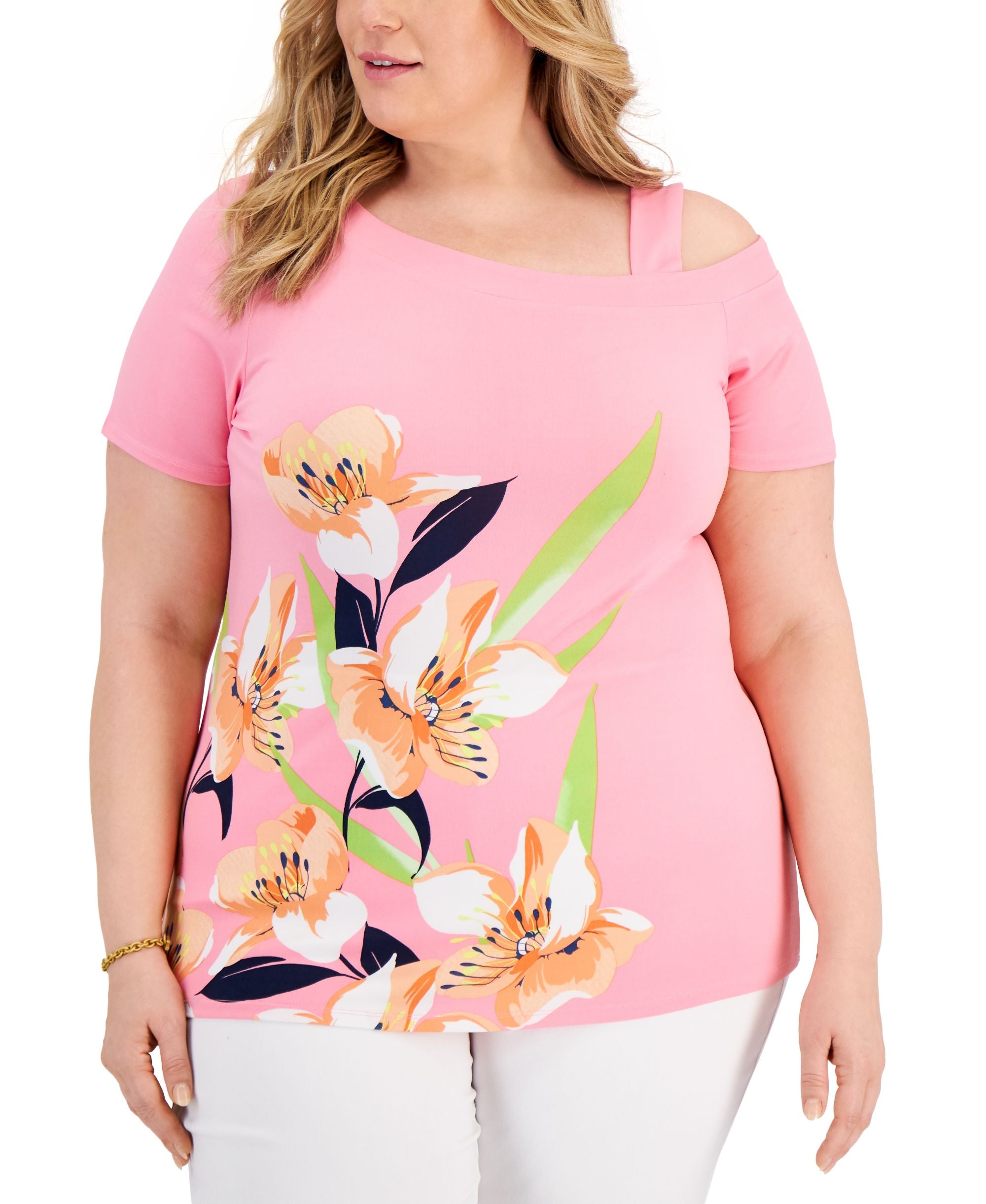 JM Collection Plus Size Floral Cold-Shoulder Premium Top