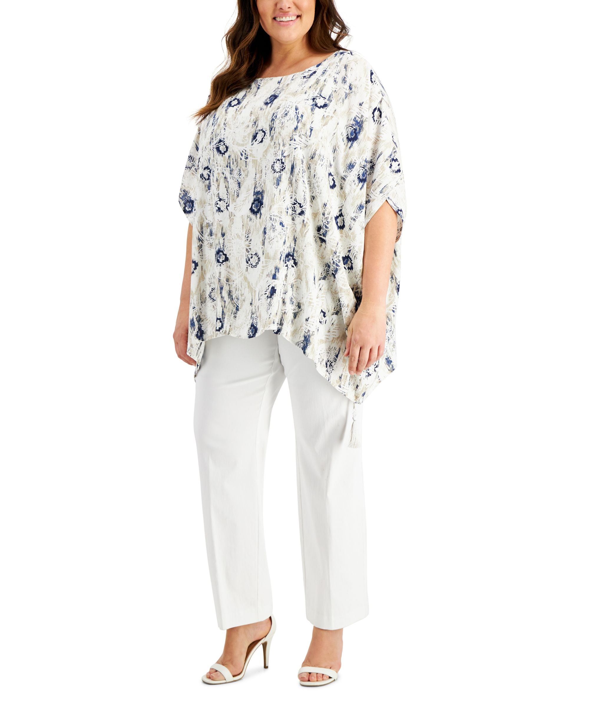 JM Collection Plus Size Printed Gauze Poncho Premium Top