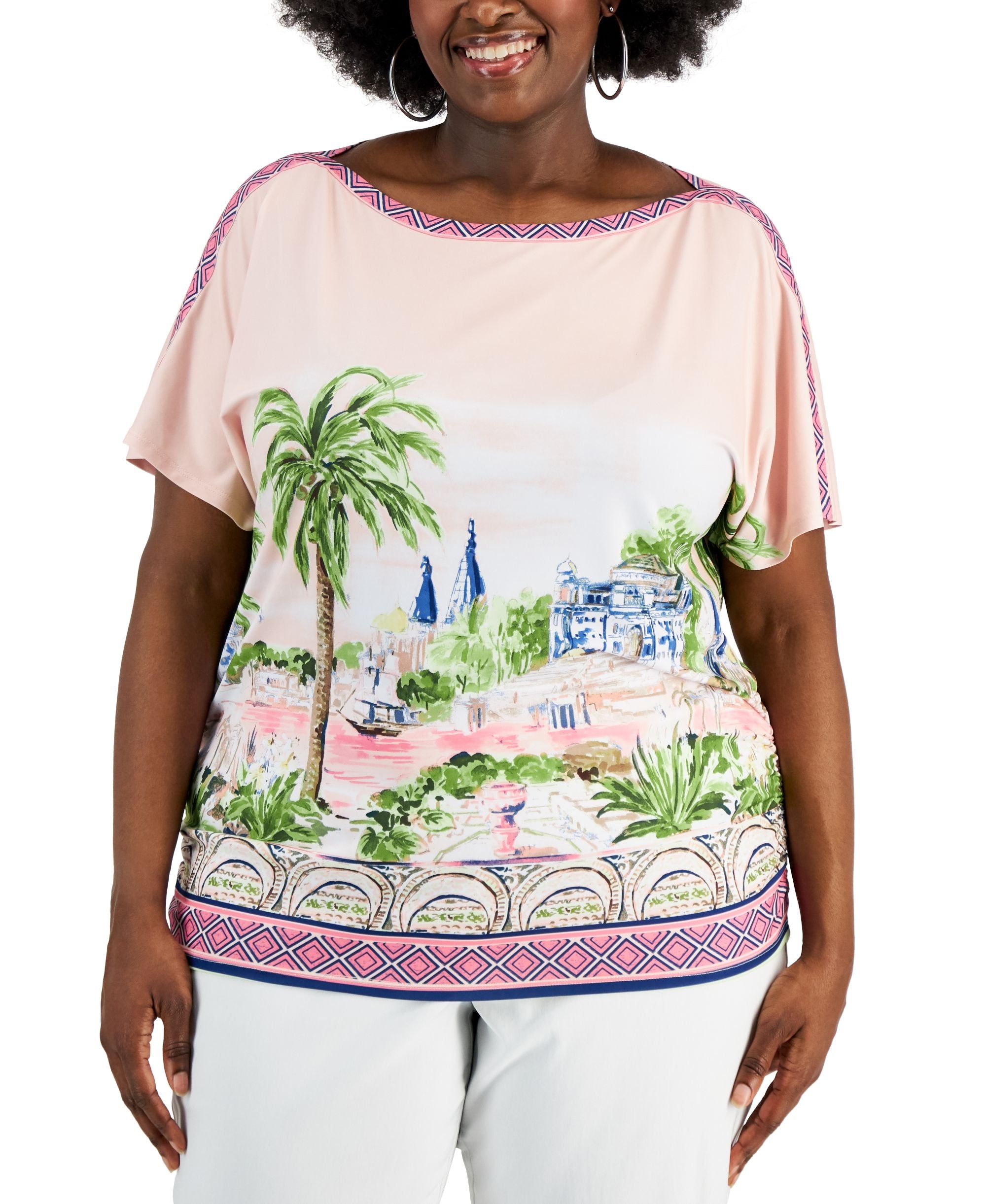 JM Collection Plus Size Postcard Print Premium Top