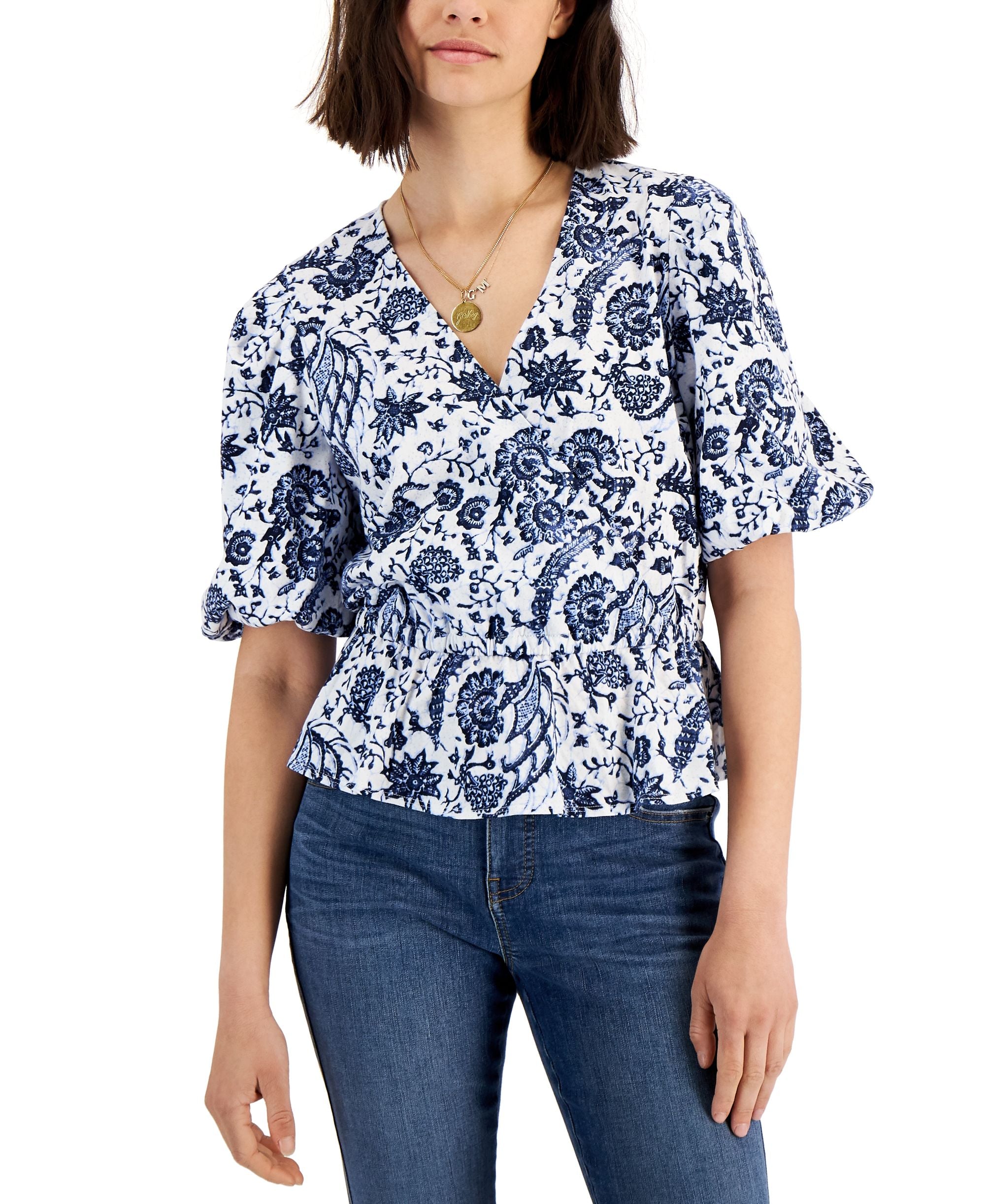 INC International Concepts Womens Printed Puff-Sleeve Premium Top