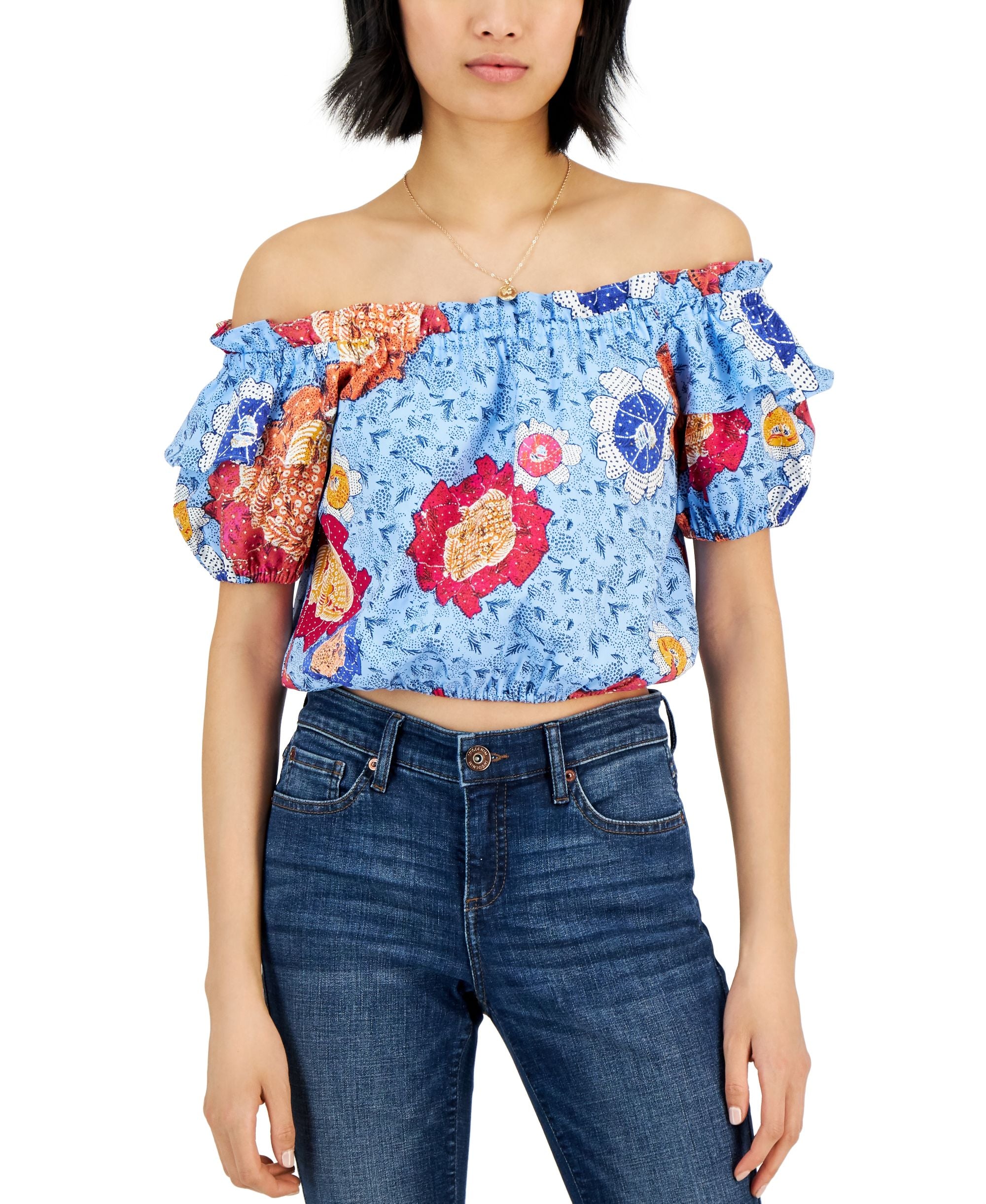 INC International Concepts Womens Cotton Printed Off The Shoulder Premium Top