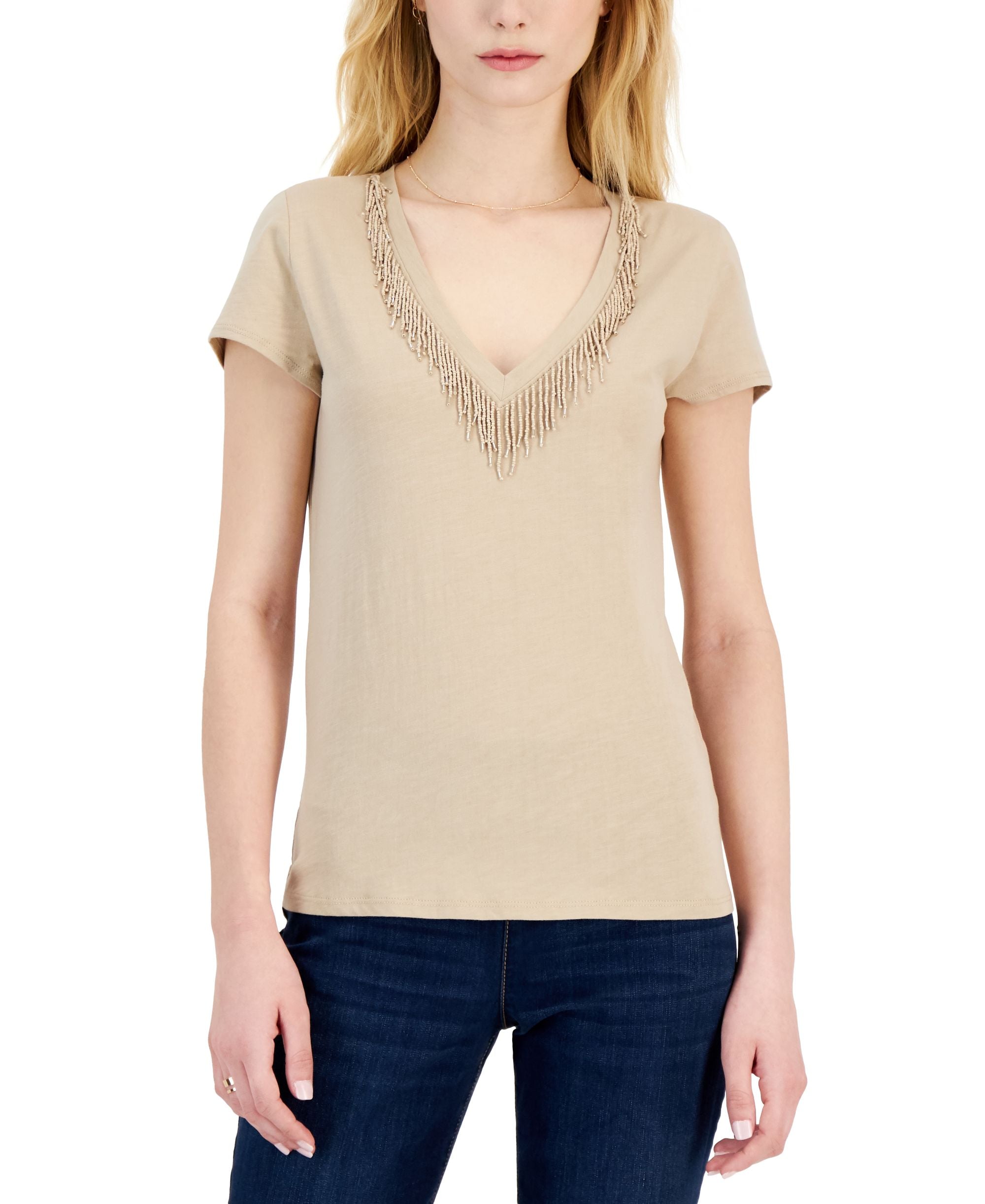INC International Concepts Cotton Beaded Fringe Trim V Neck Premium Top