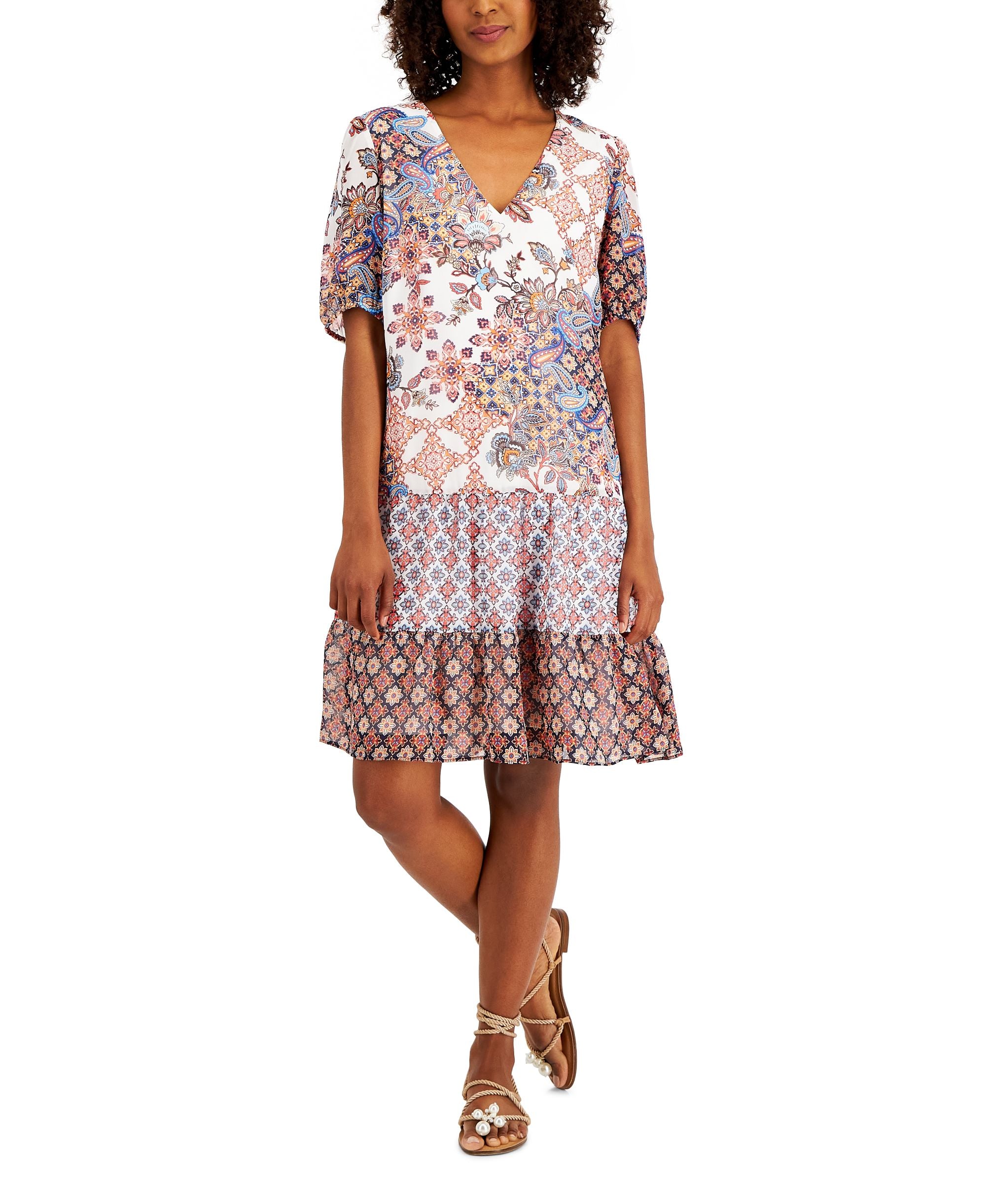 Inc International Concepts Womens Mixed-Print Tiered Flounce Dress