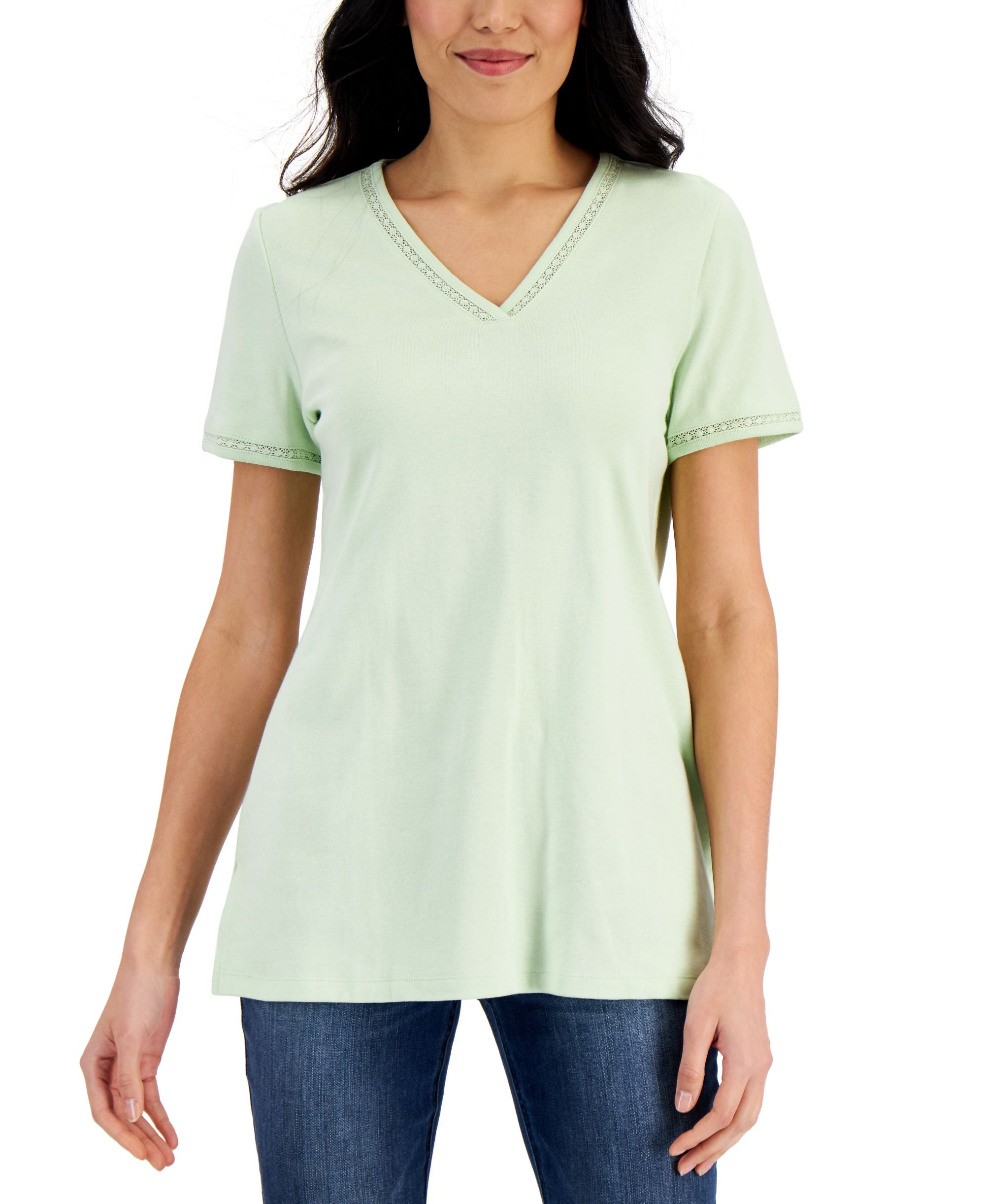Karen Scott Womens Cotton Lace Trimmed Premium Top