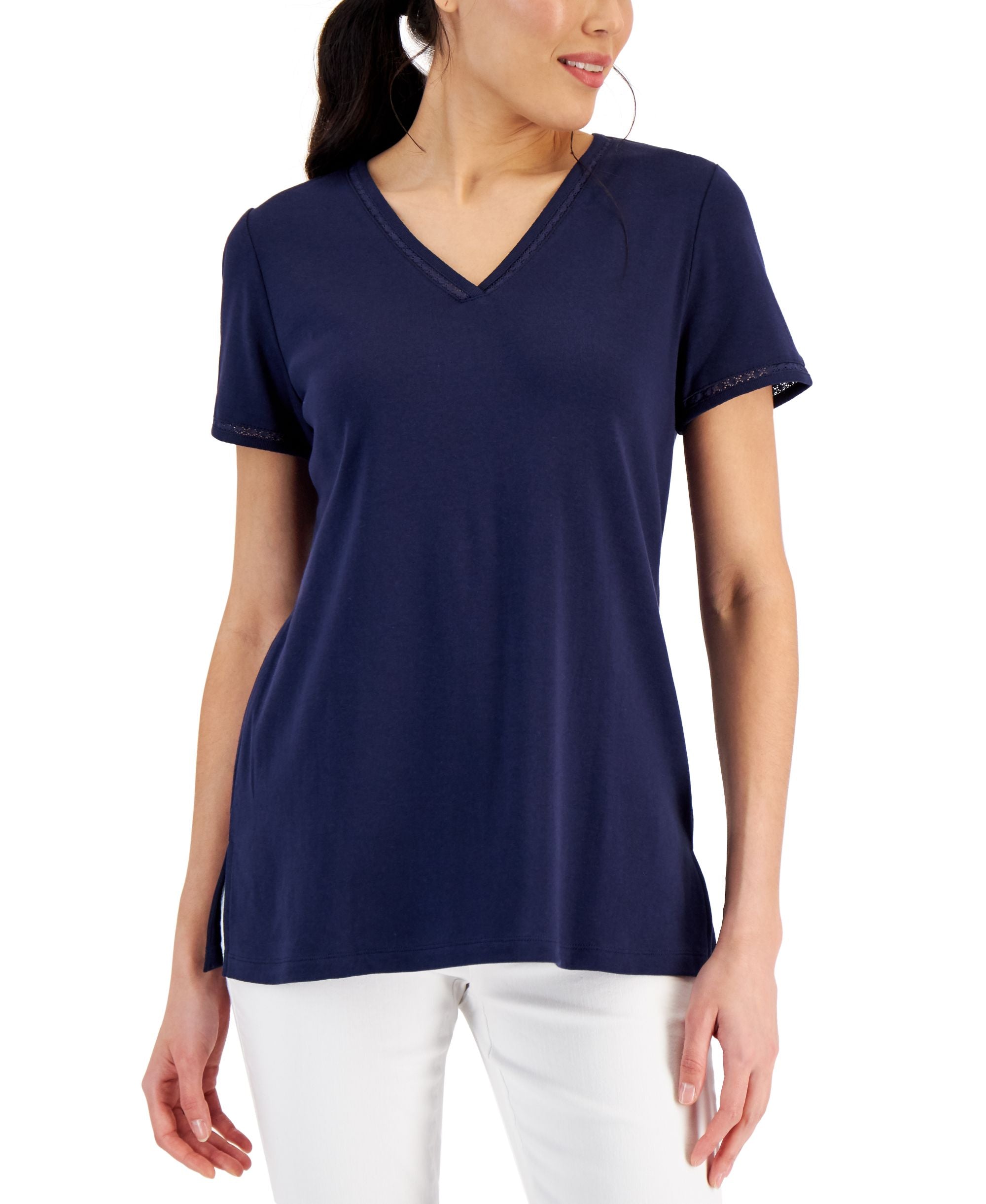 Karen Scott Womens Cotton Lace Trimmed Premium Top