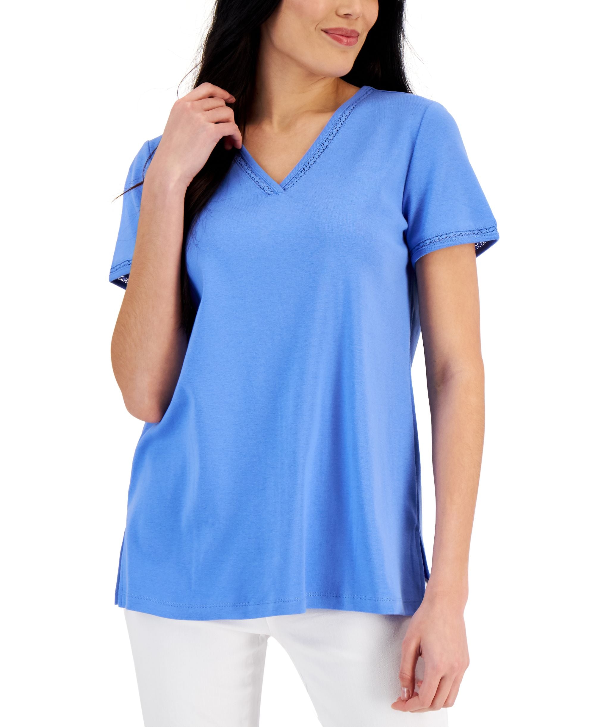Karen Scott Womens Cotton Lace Trimmed Premium Top