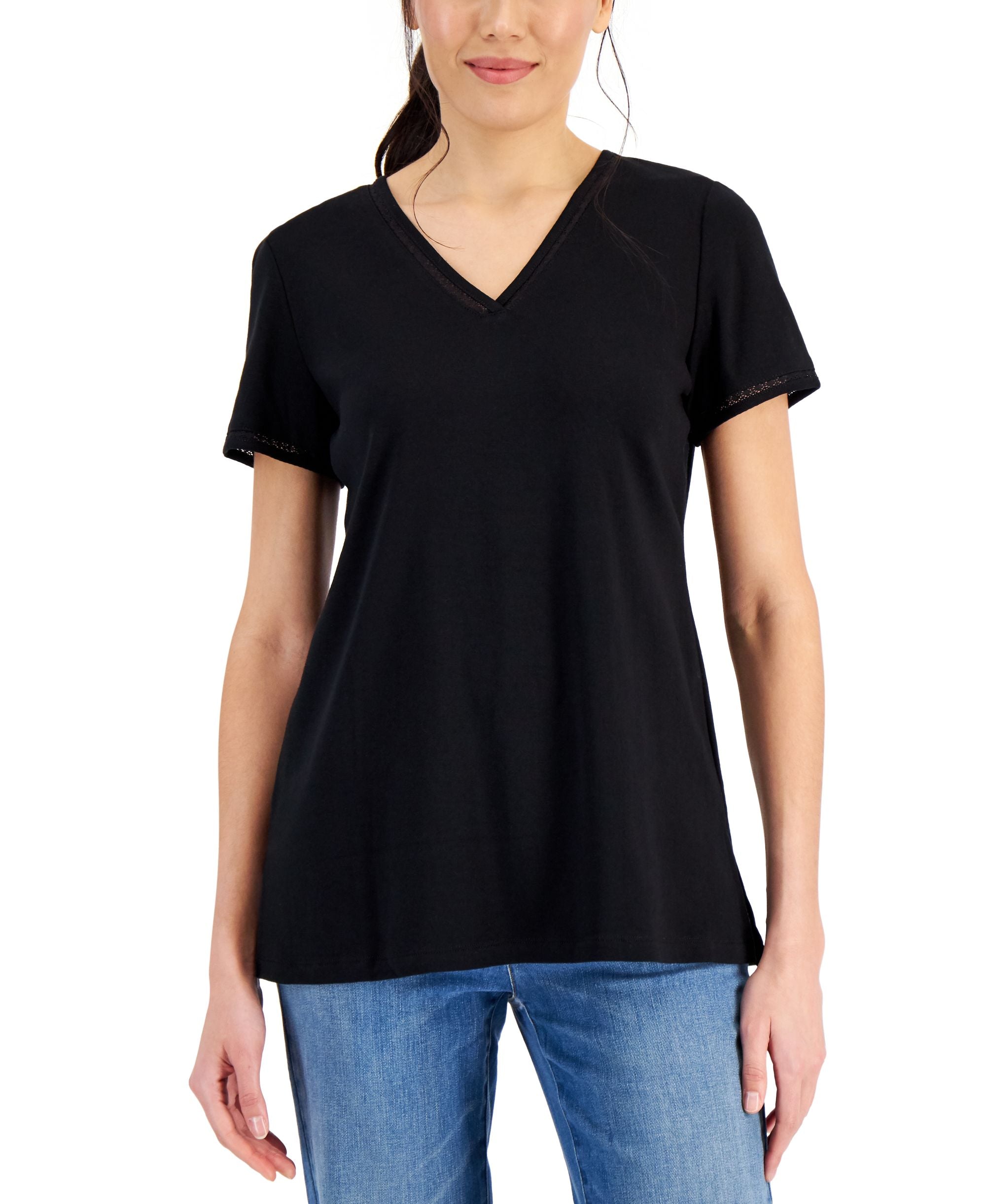 Karen Scott Womens Cotton Lace Trimmed Premium Top