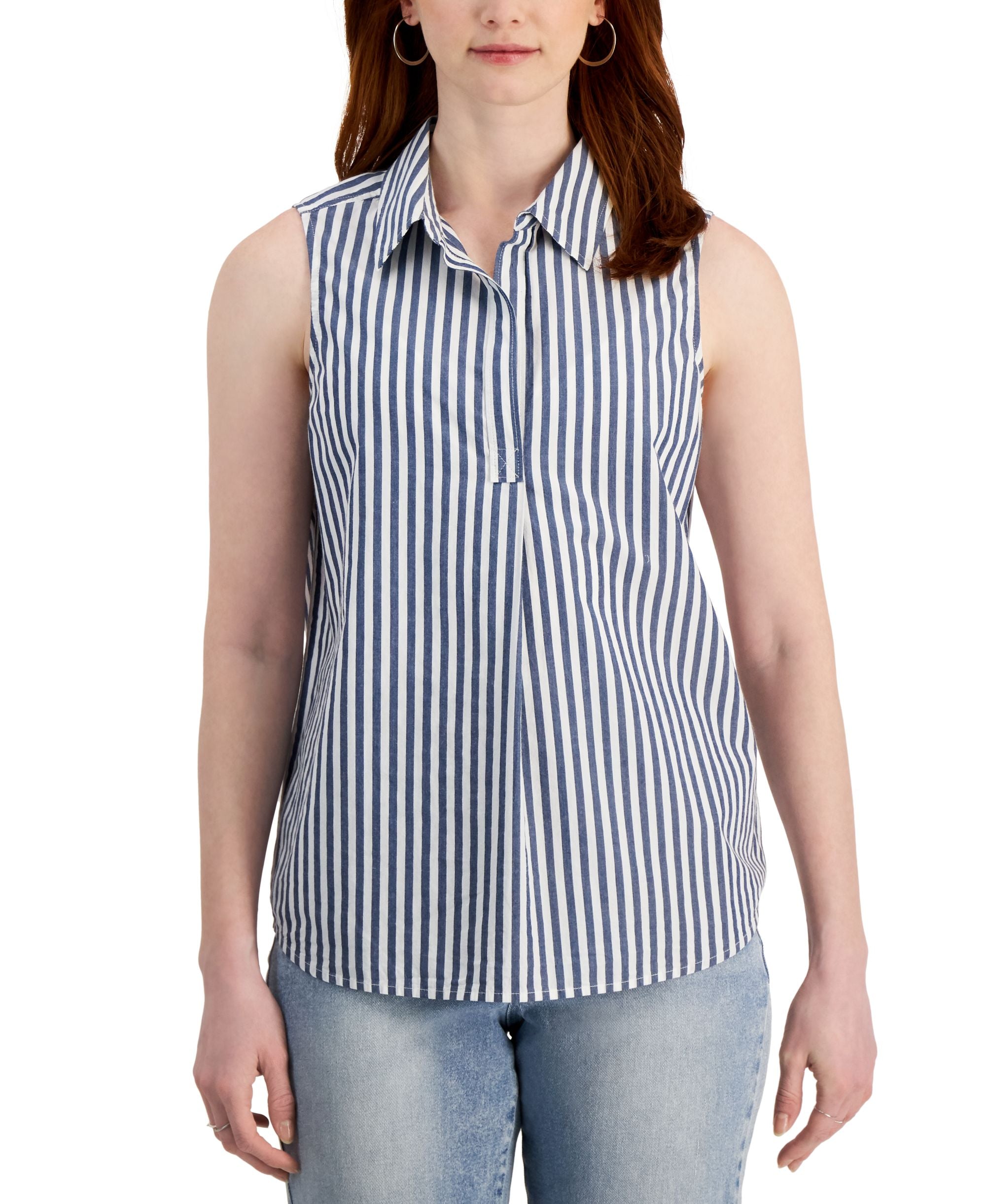 Style & Co Womens Cotton Poplin Printed Sleeveless Popover Modern Shirt