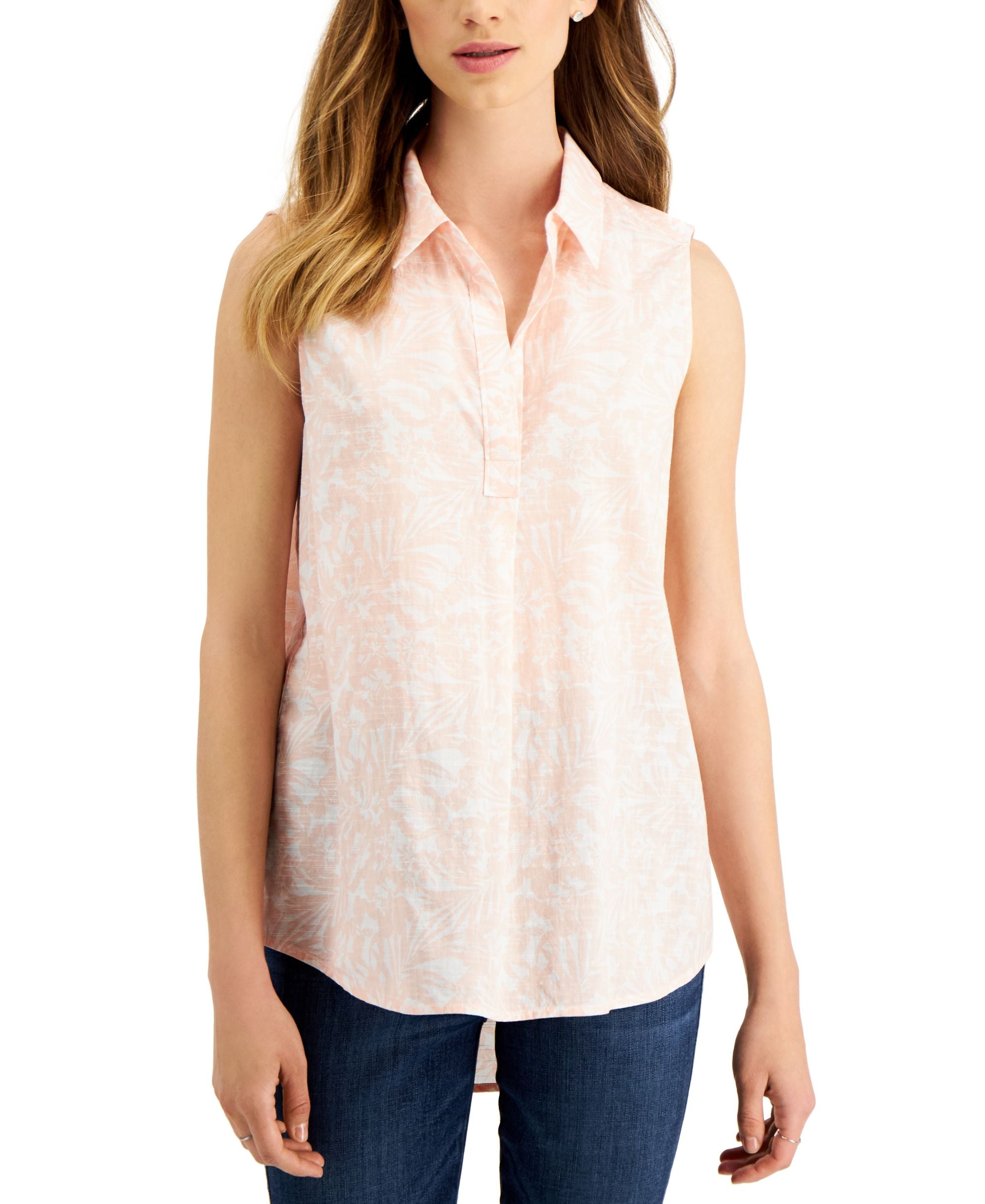 Style & Co Womens Cotton Poplin Printed Sleeveless Popover Modern Shirt