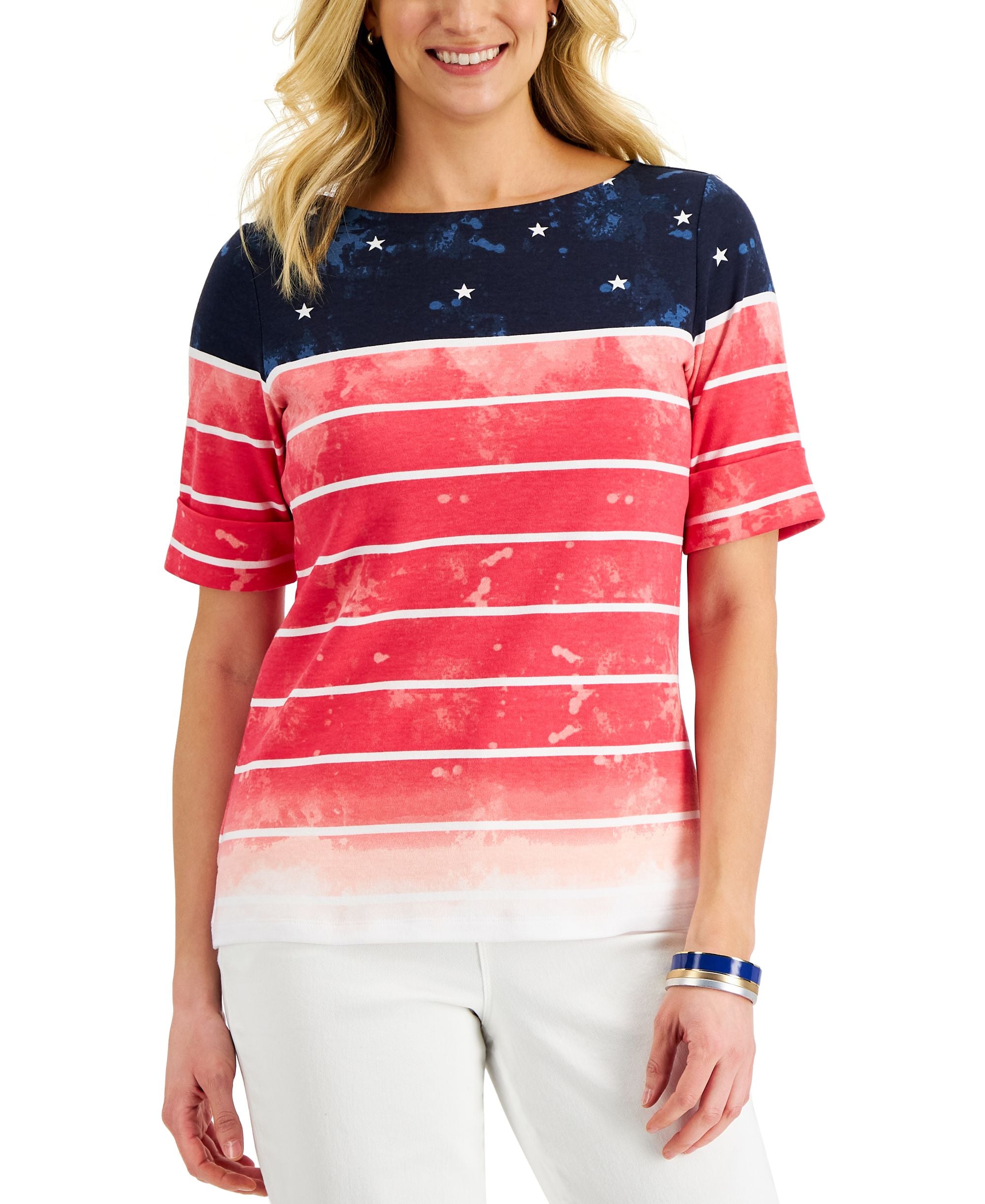 Karen Scott Womens Watercolor Flag Boatneck Premium Top