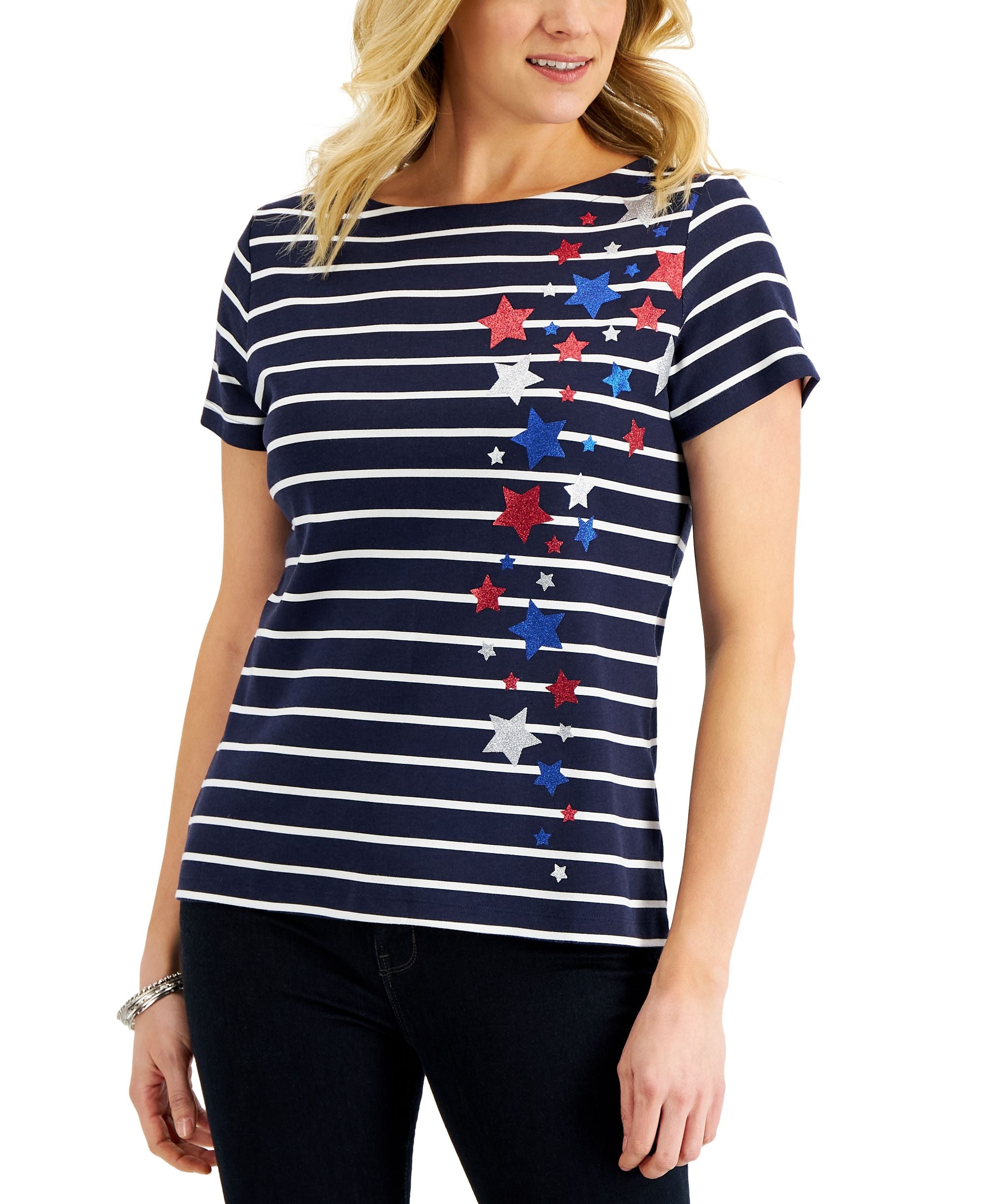 Karen Scott Womens Glitter Star Striped Premium Top