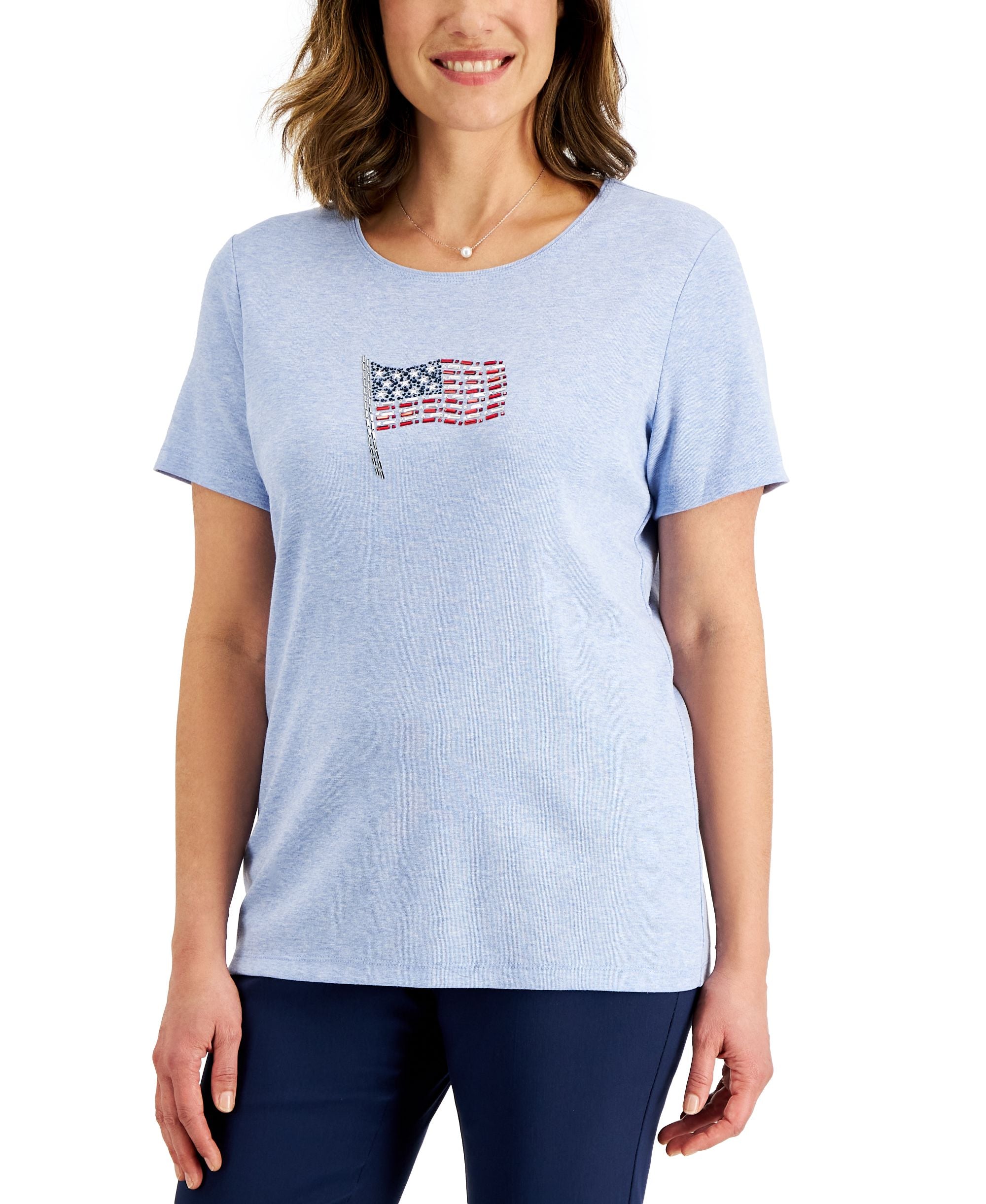 Karen Scott Petite Short-Sleeve Sparkle Flag Premium Top