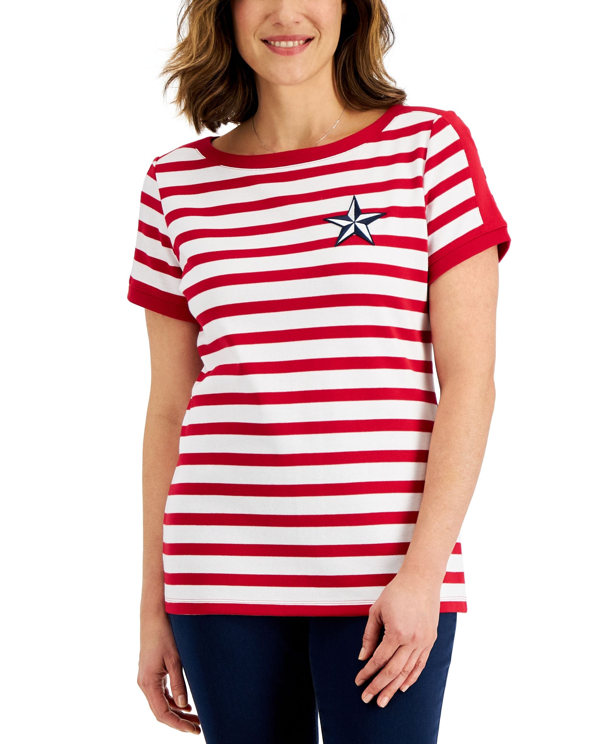 Karen Scott Womens Nautical Star Striped Premium Top