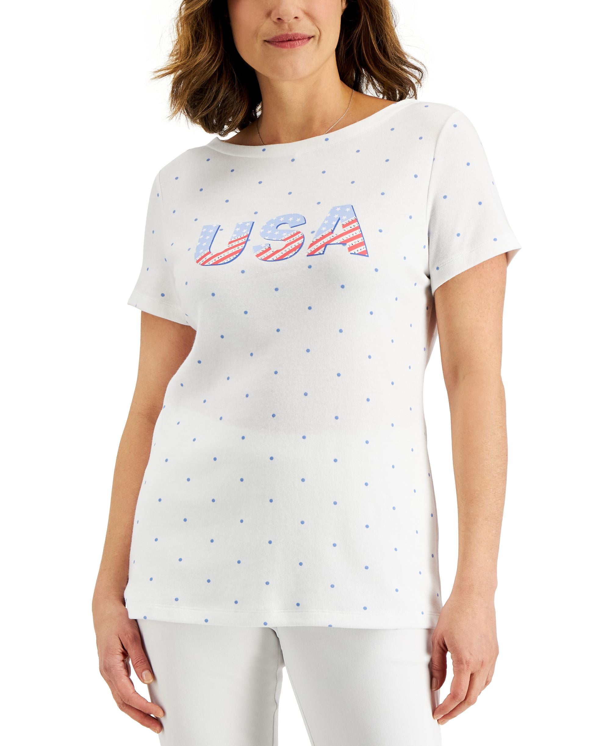 Karen Scott Petite Short-Sleeve Usa Stars Boatneck Premium Top