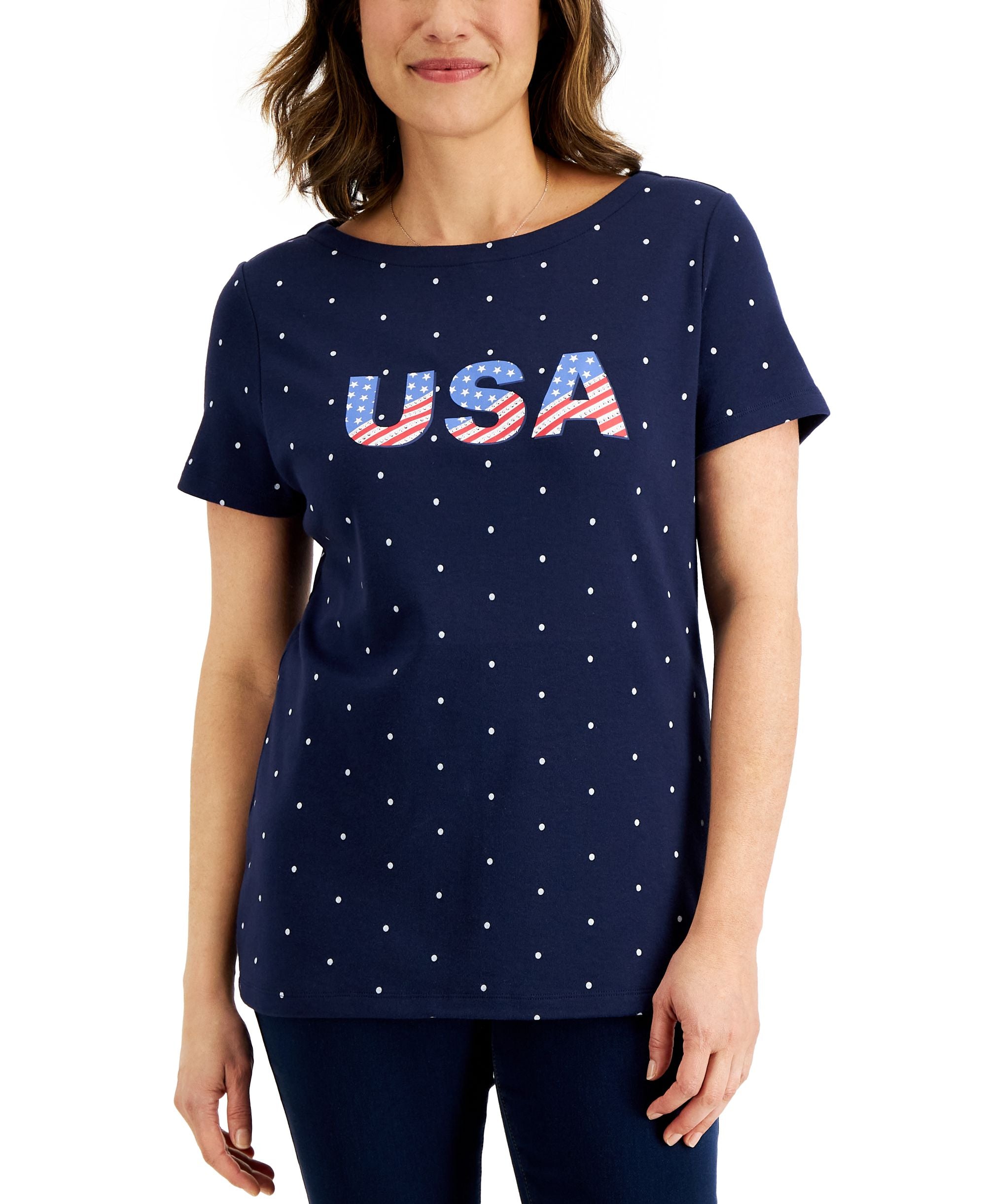 Karen Scott Petite Short-Sleeve Usa Stars Boatneck Premium Top