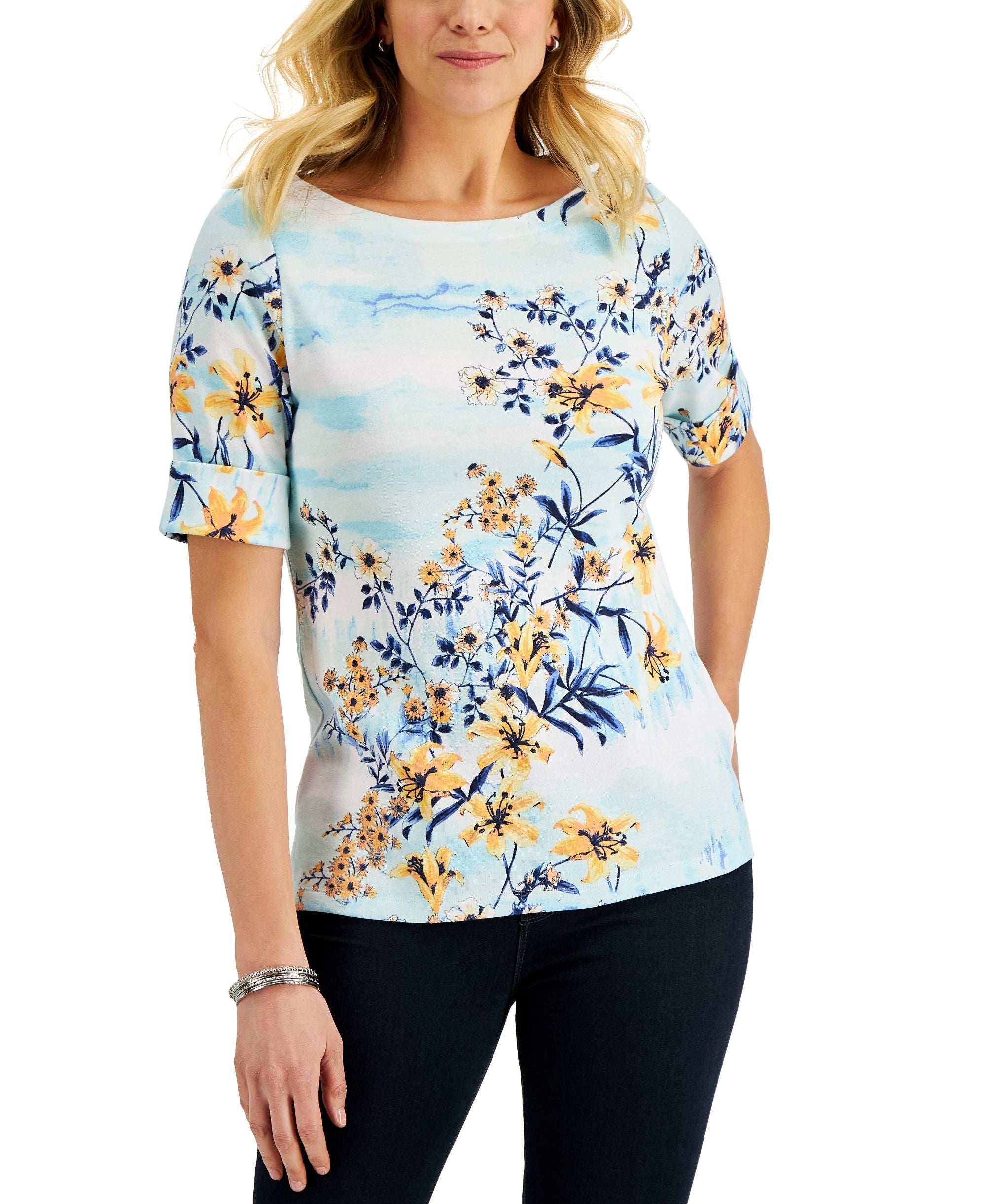 Karen Scott Womens Ocean Breeze Floral Print Elbow Sleeve Premium Top