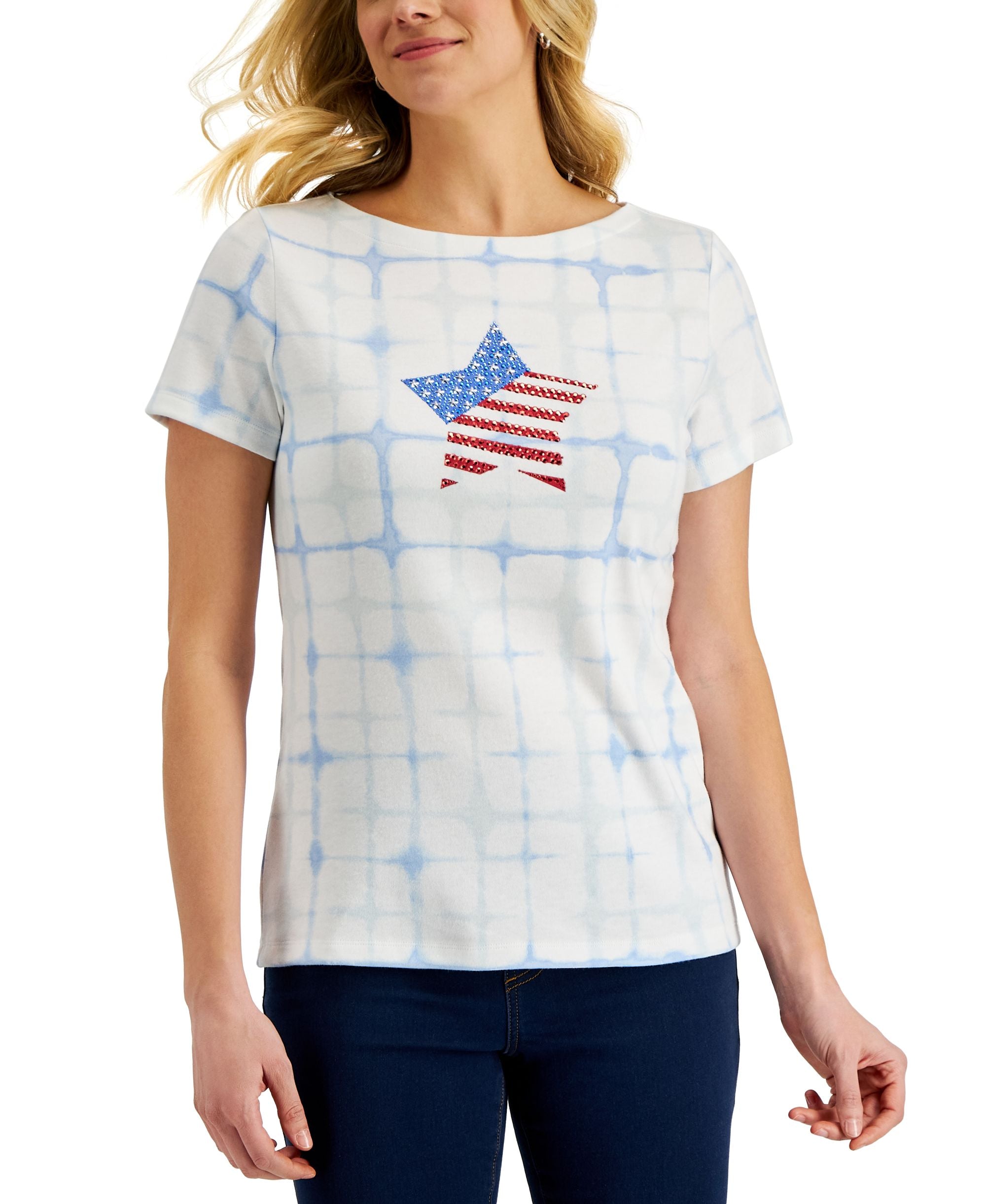 Karen Scott Womens Rhinestone Star Boatneck Premium Top