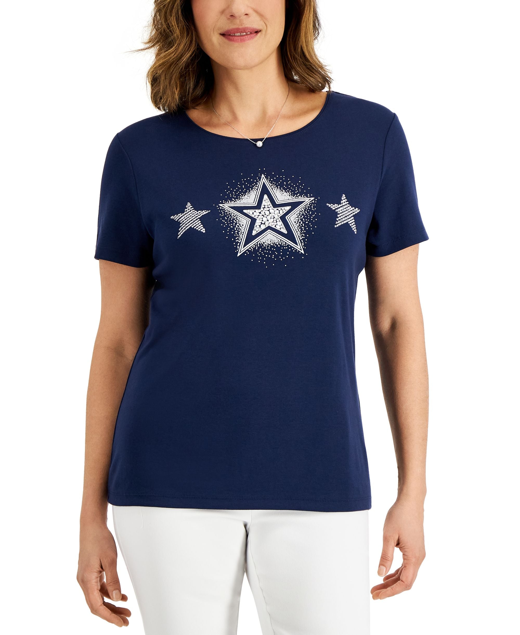 Karen Scott Womens Triple Shine Embellished Graphic T-Modern Shirt
