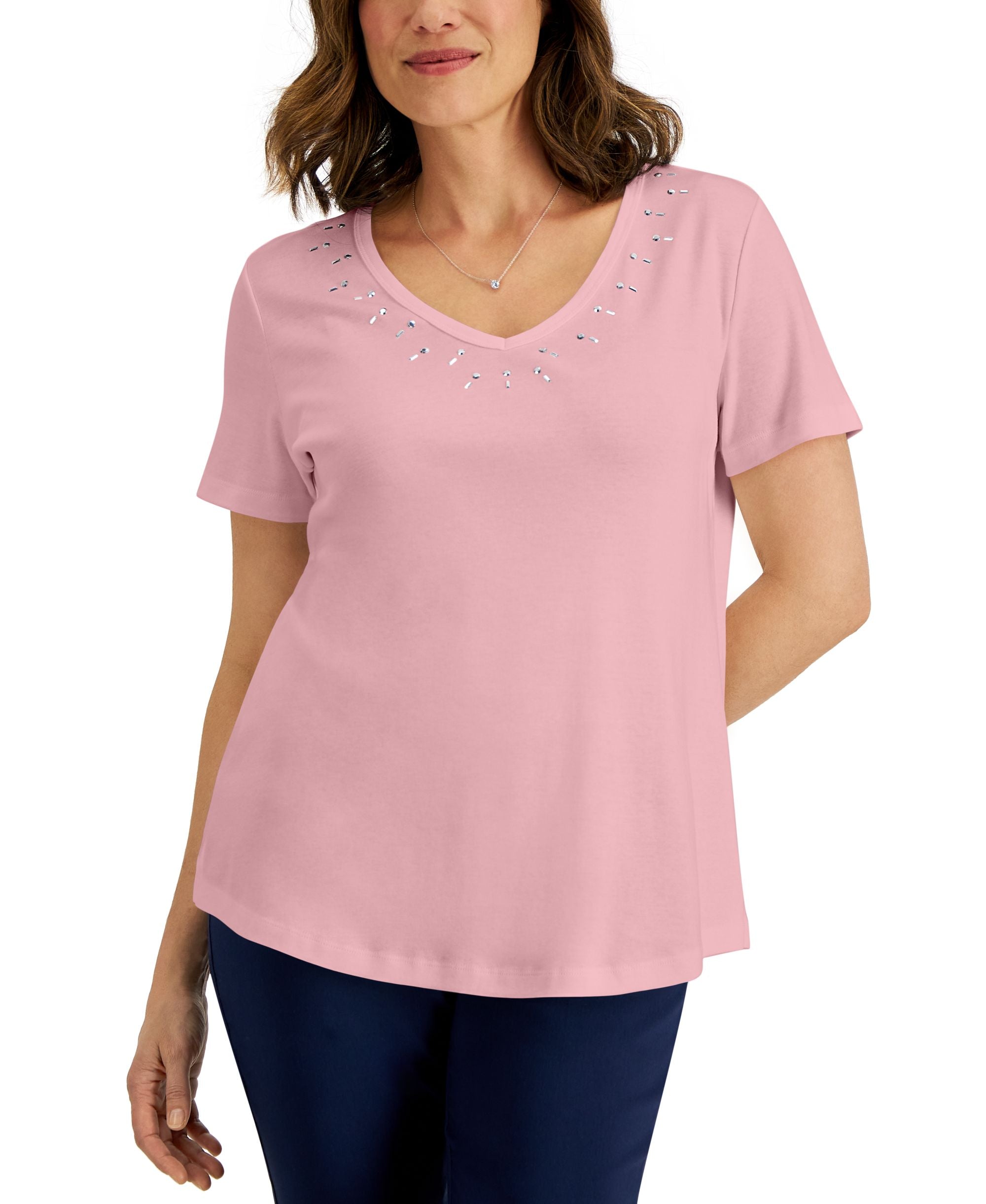 Karen Scott Womens Cotton Studded V Neck Premium Top