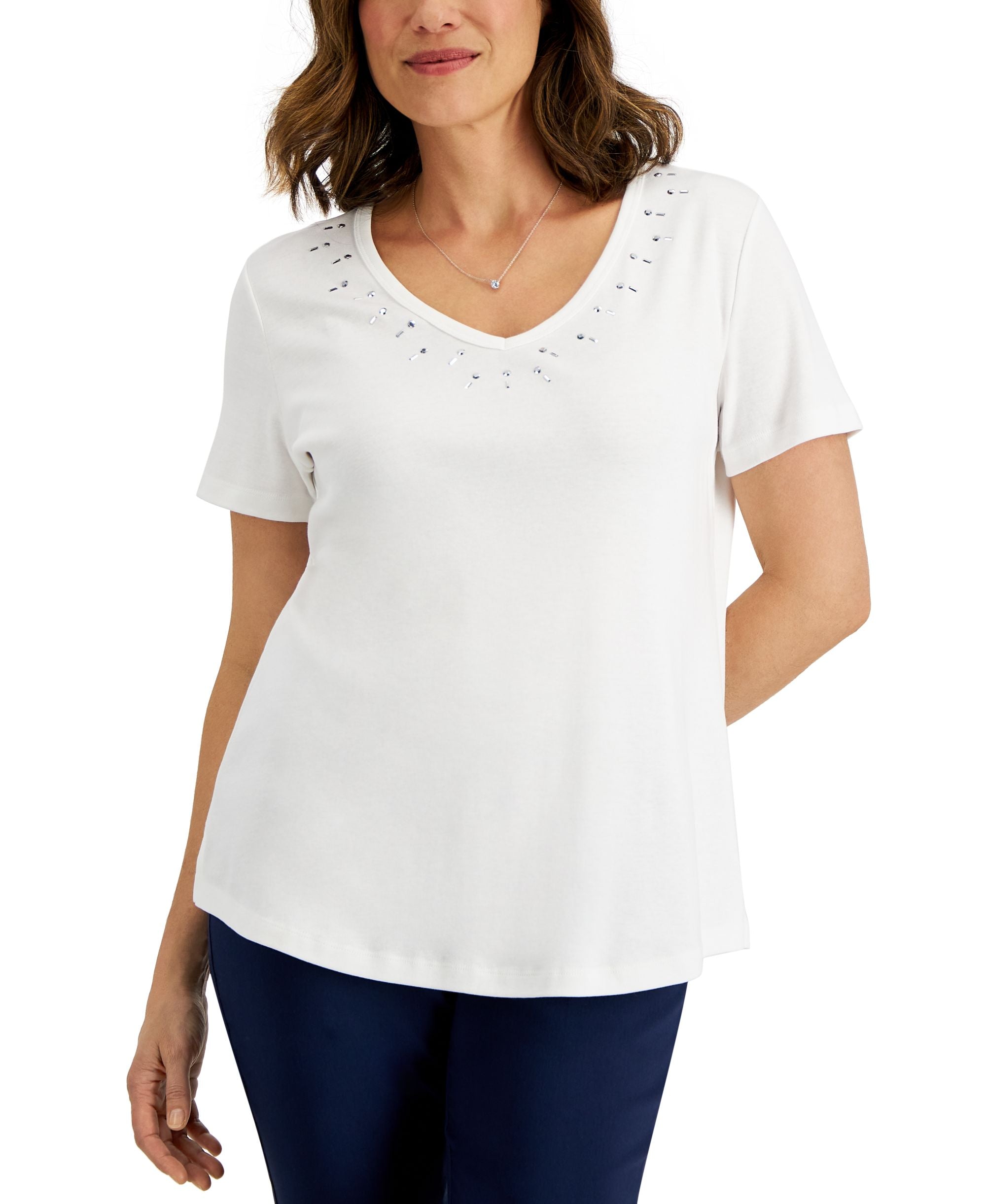Karen Scott Womens Cotton Studded V Neck Premium Top