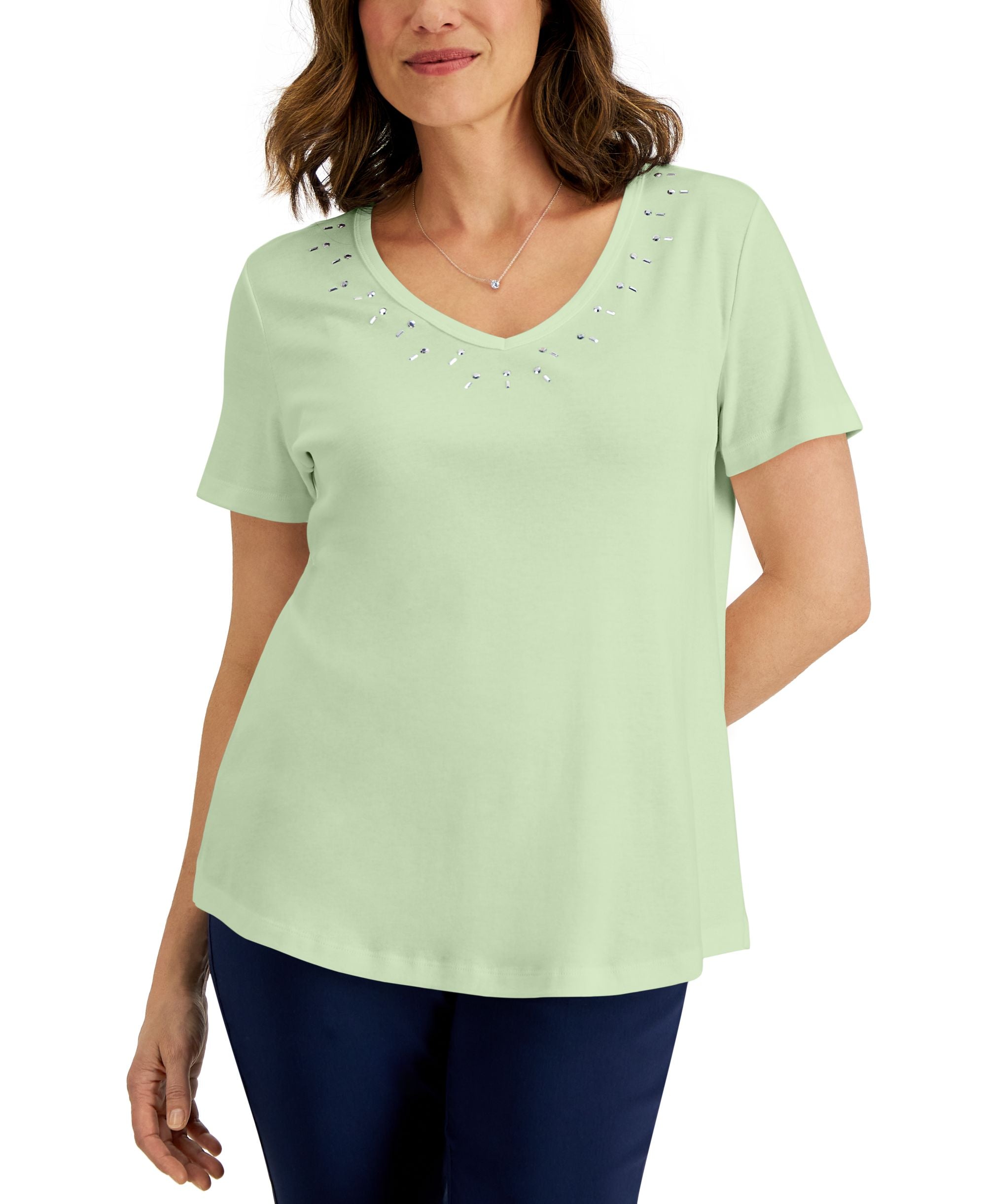Karen Scott Womens Cotton Studded V Neck Premium Top