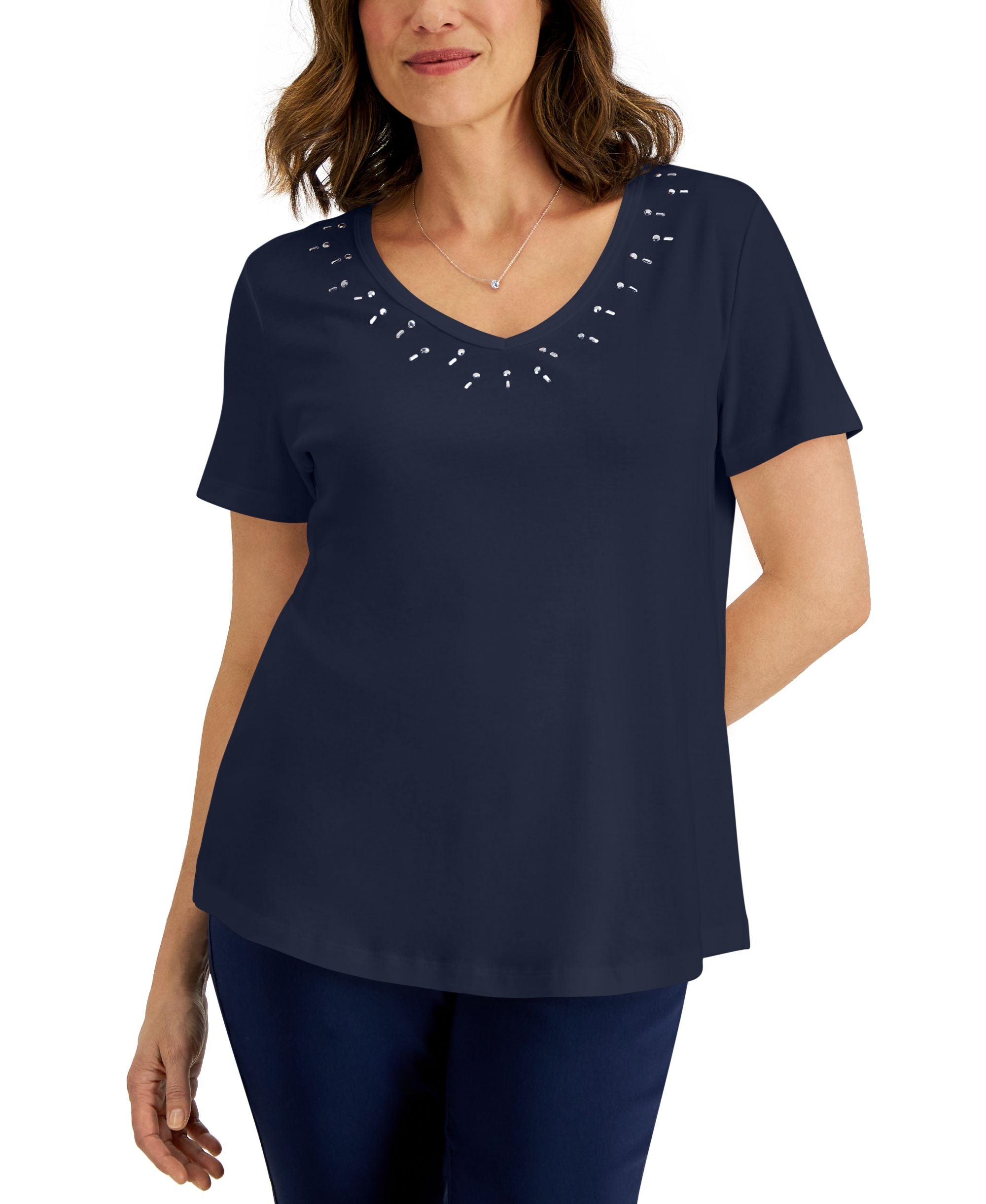 Karen Scott Womens Cotton Studded V Neck Premium Top