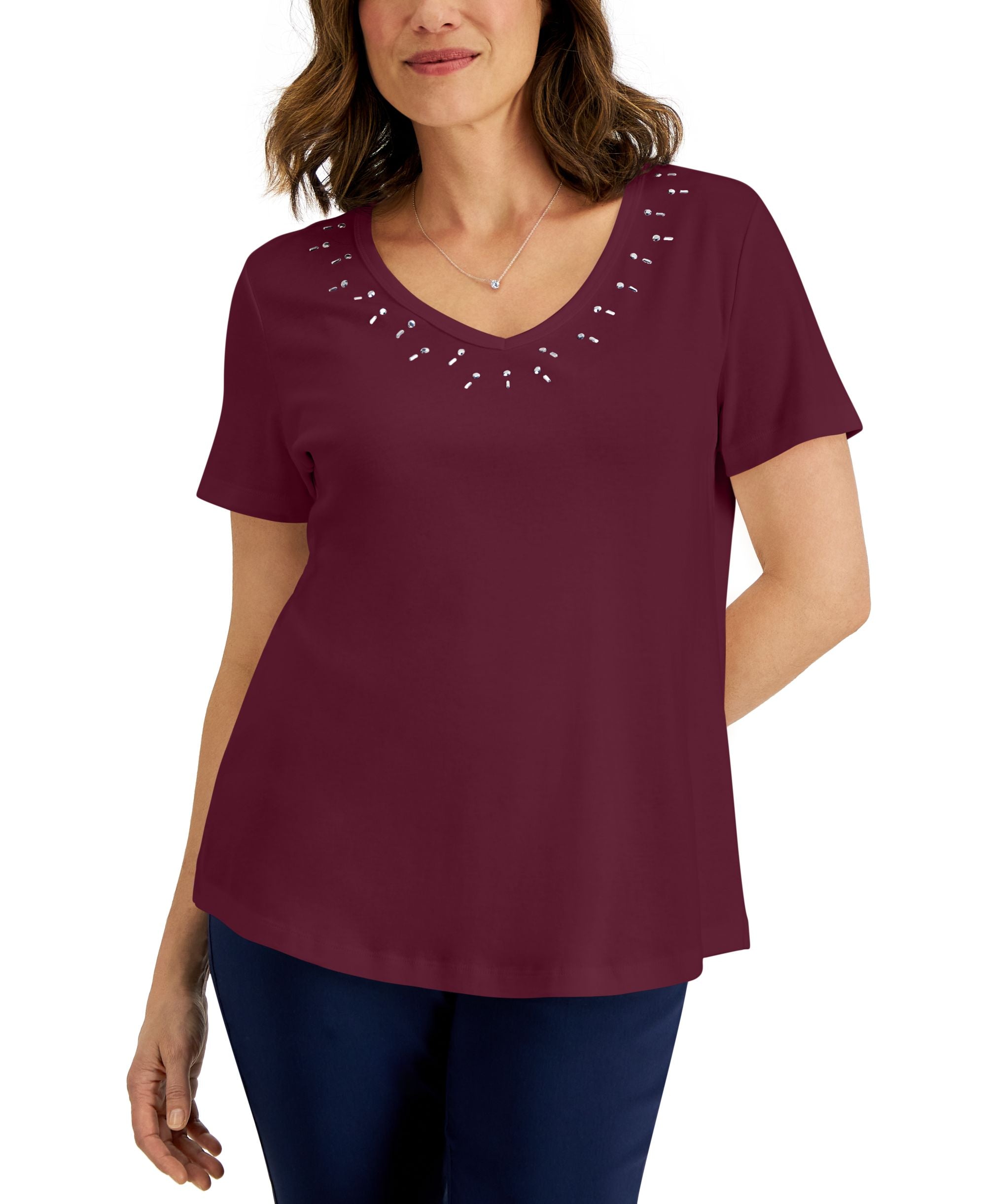 Karen Scott Womens Cotton Studded V Neck Premium Top