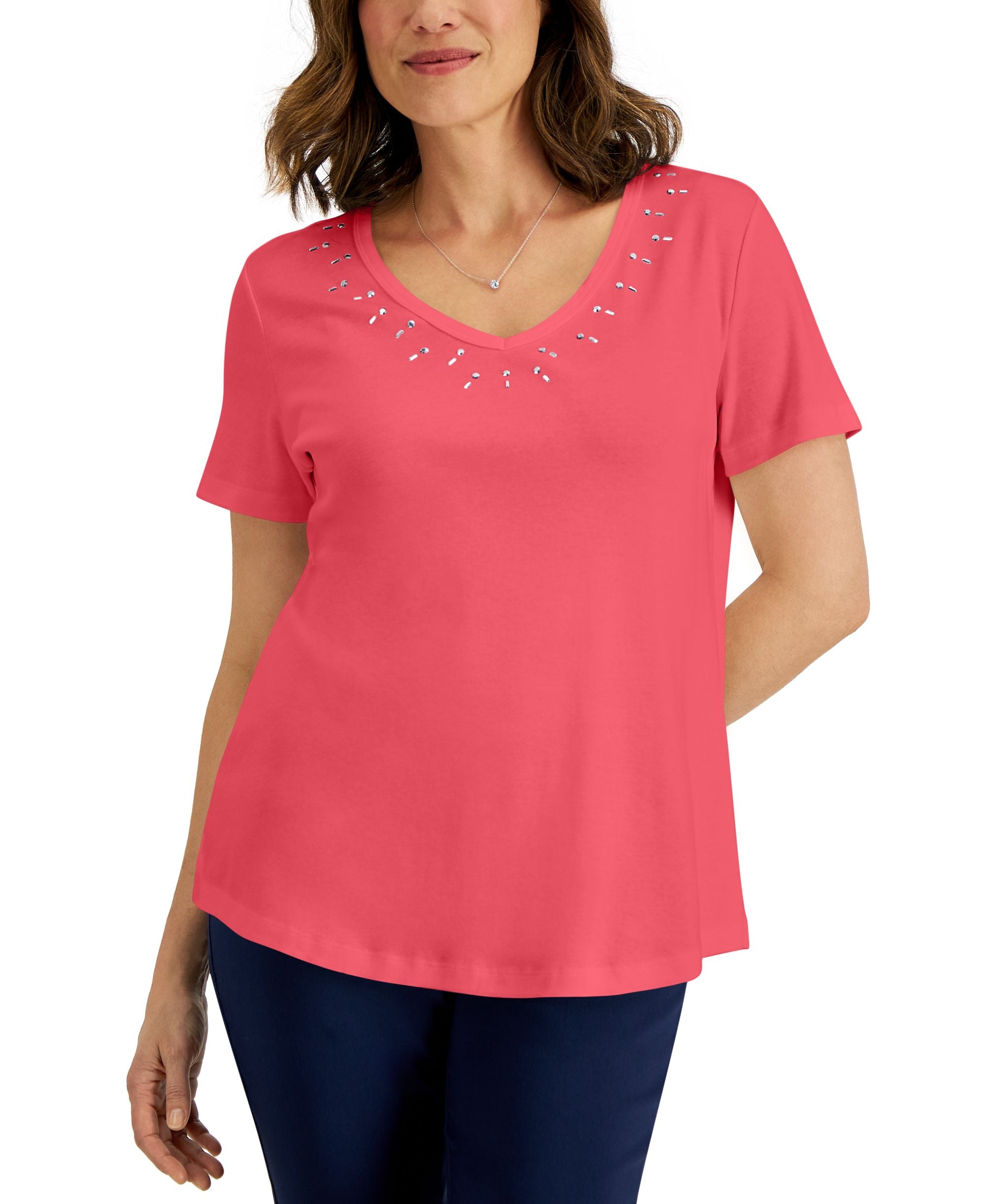 Karen Scott Womens Cotton Studded V Neck Premium Top