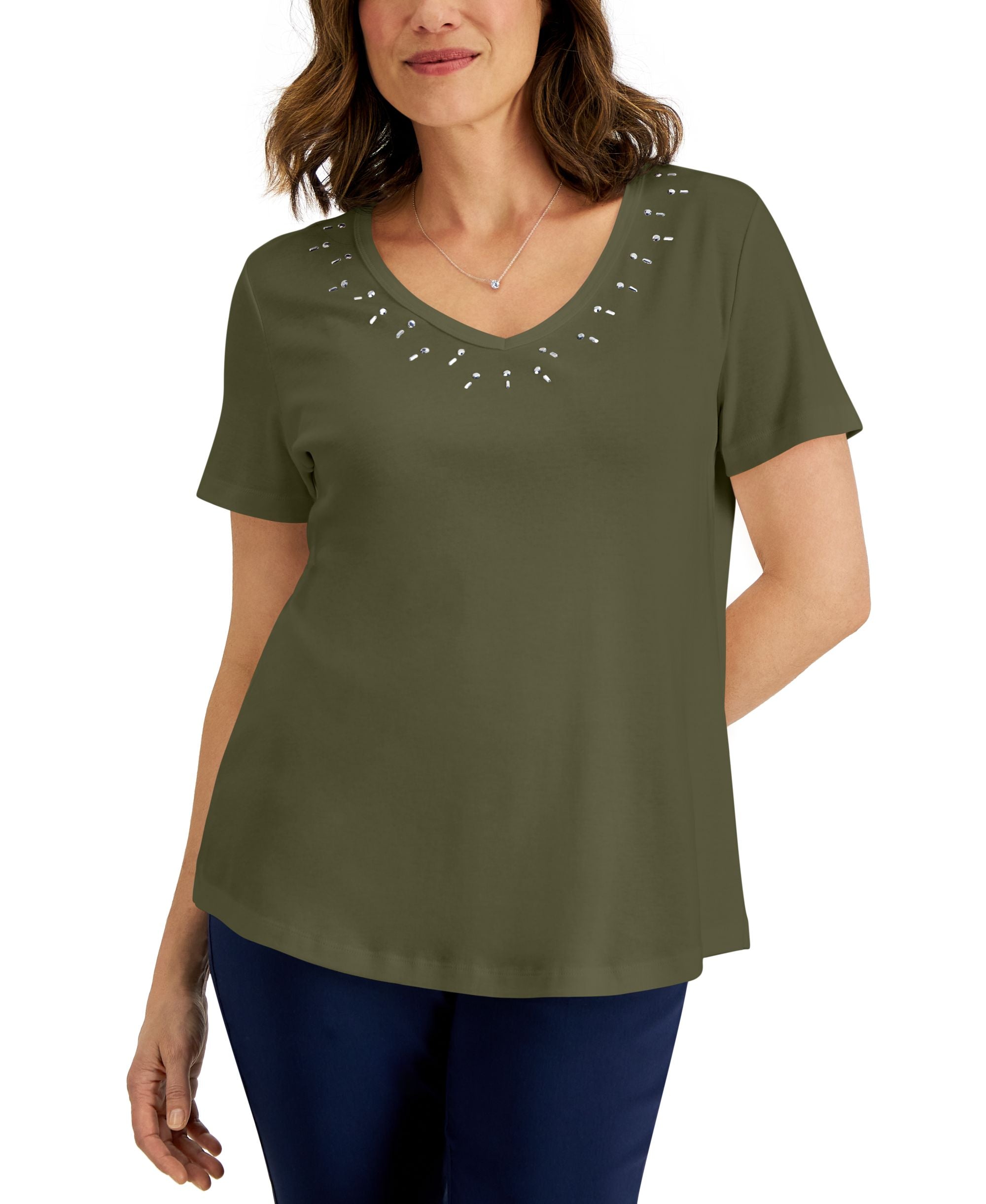 Karen Scott Womens Cotton Studded V Neck Premium Top