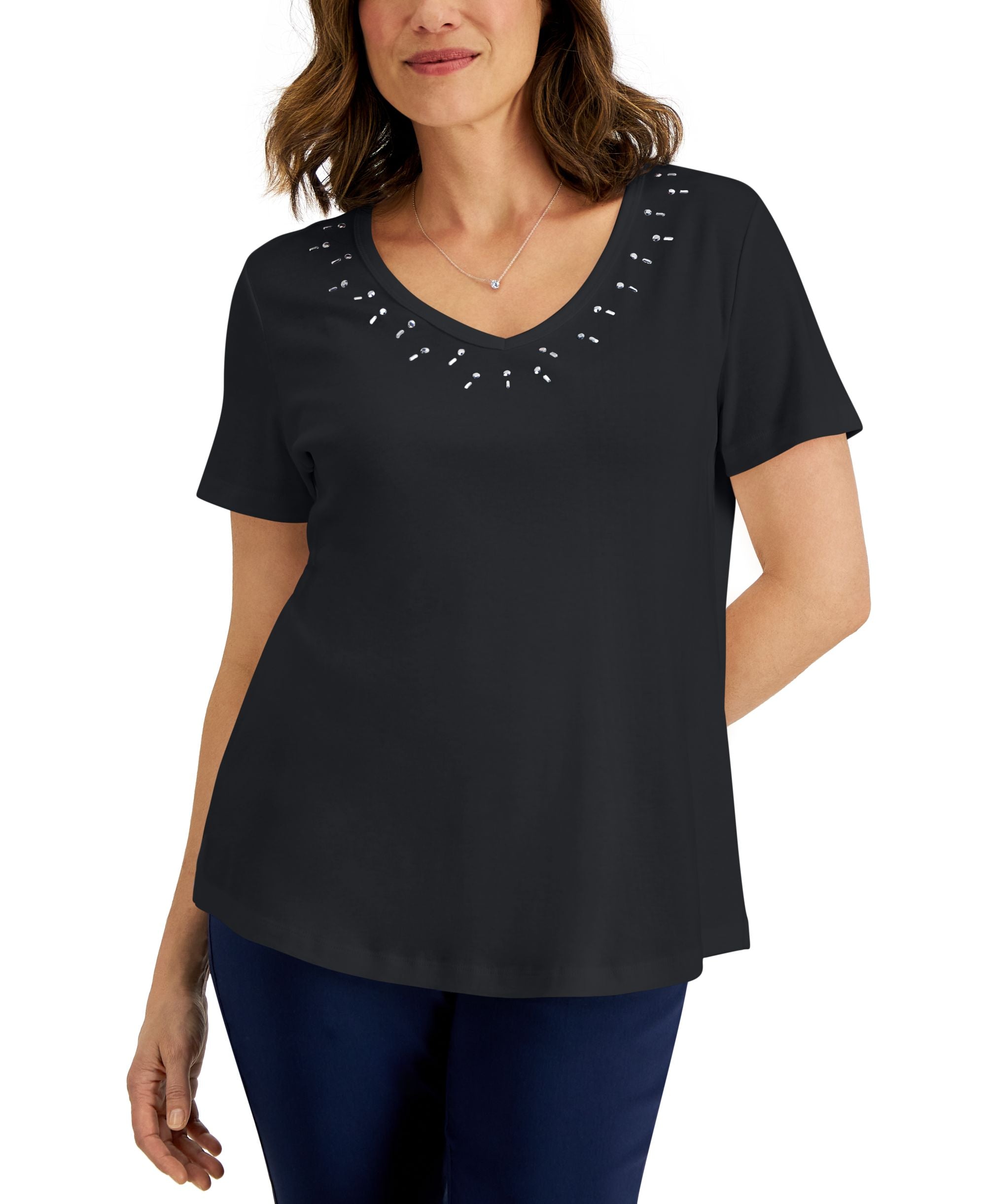 Karen Scott Womens Cotton Studded V Neck Premium Top