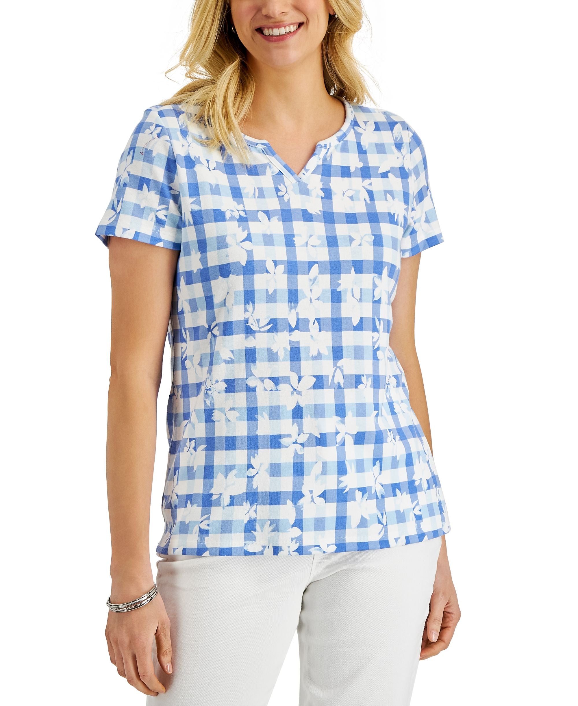 Karen Scott Womens Gingham Blooms Printed Premium Top